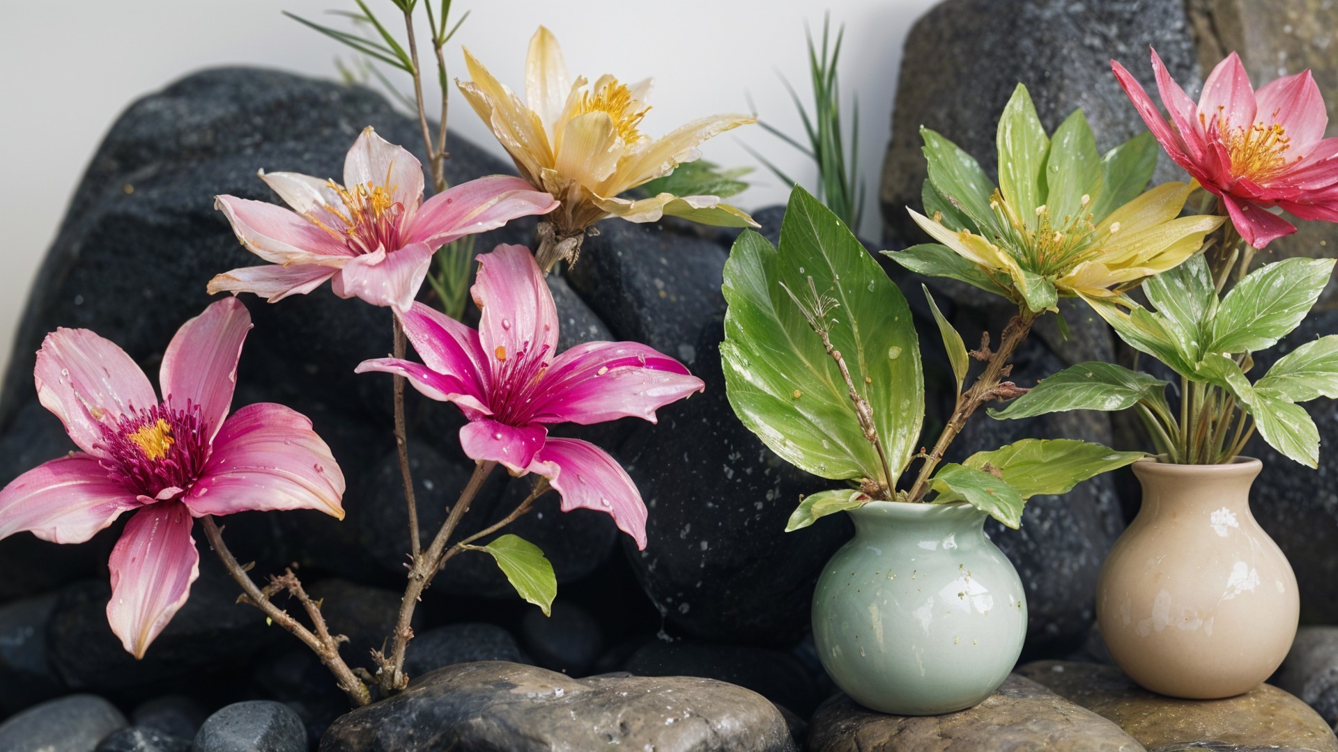 Vibrant Artificial Flowers in Serene Vase Arrangement