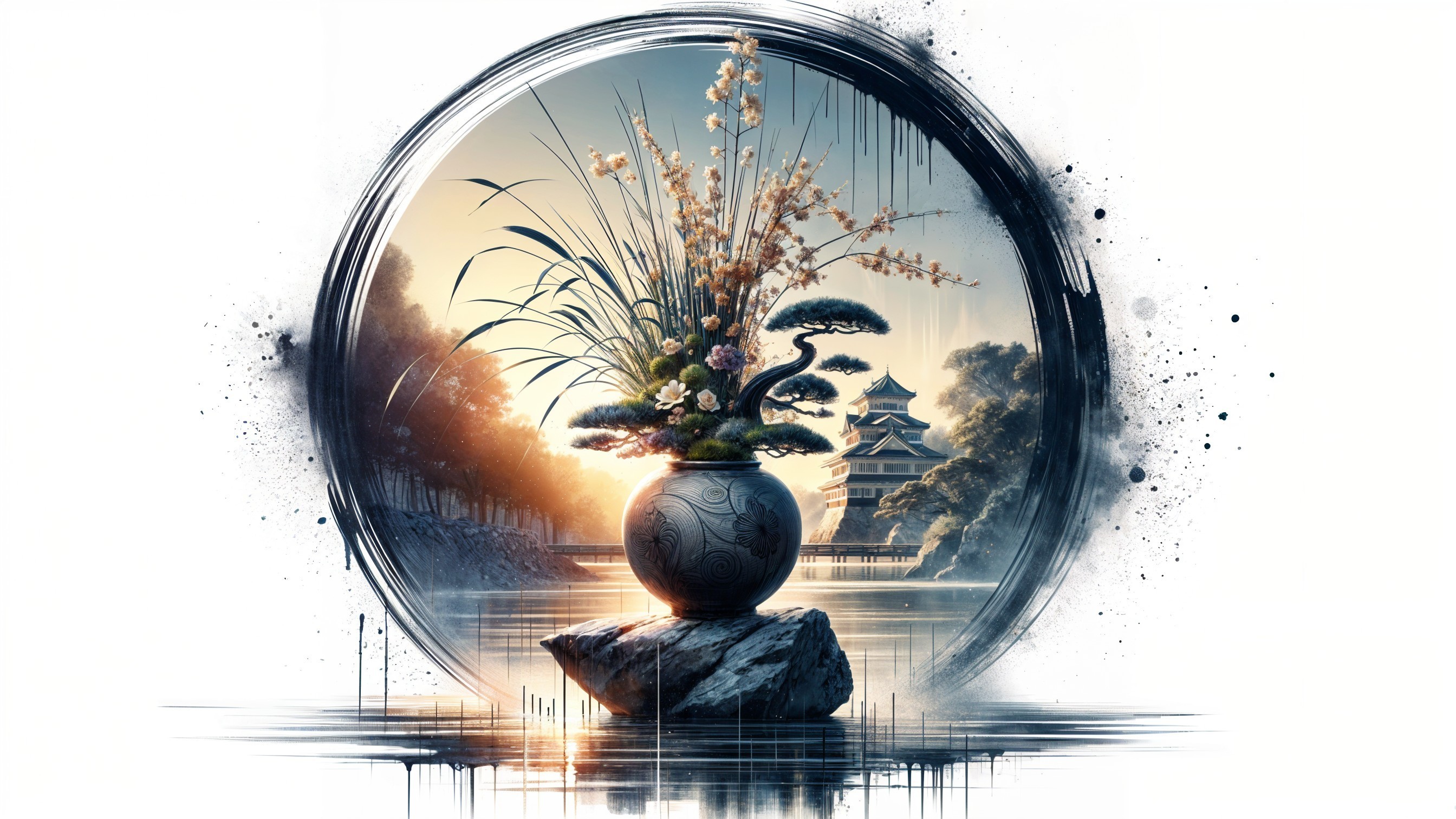 Serene Landscape with Floral Arrangement and Water