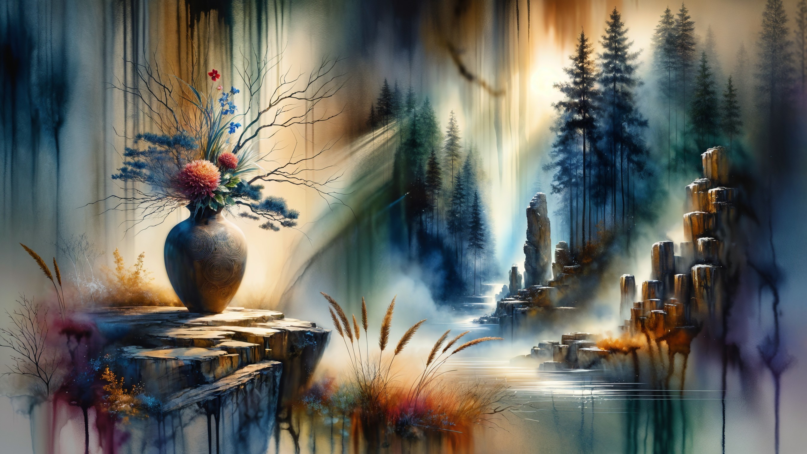 Serene Landscape with Wildflowers and Misty Mountains