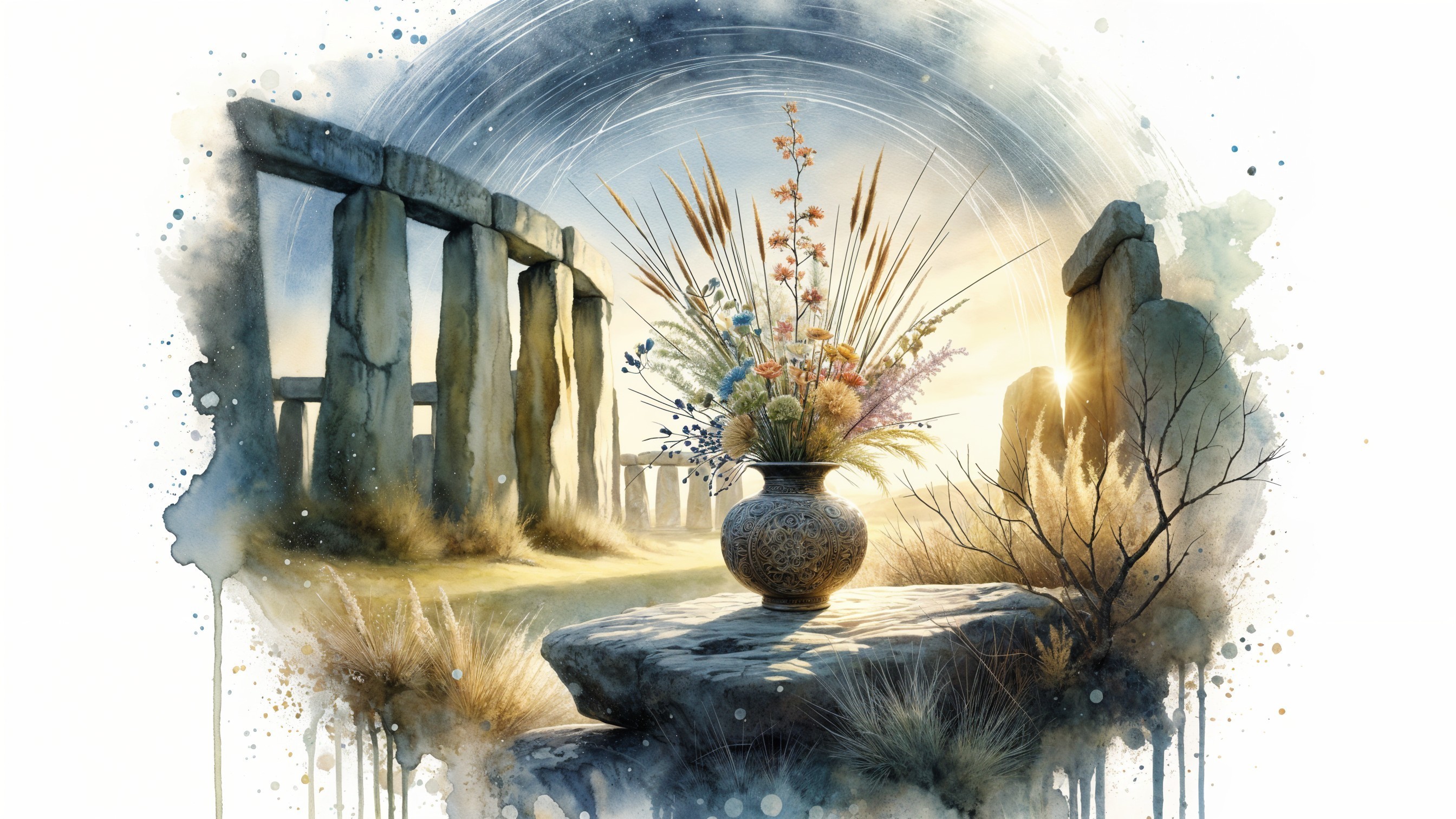 Serene Landscape with Ancient Stone Circle and Wildflowers