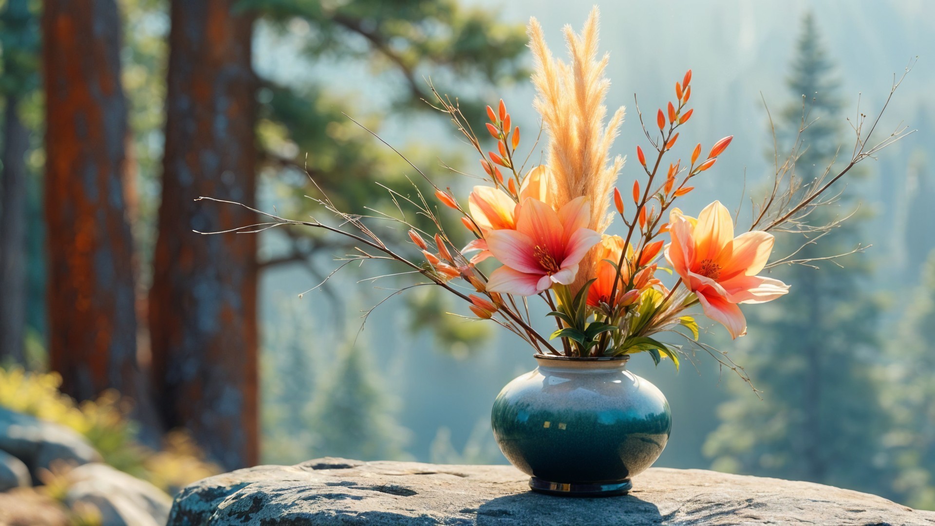 Vibrant Floral Arrangement with Orange Lilies and Pampas Grass
