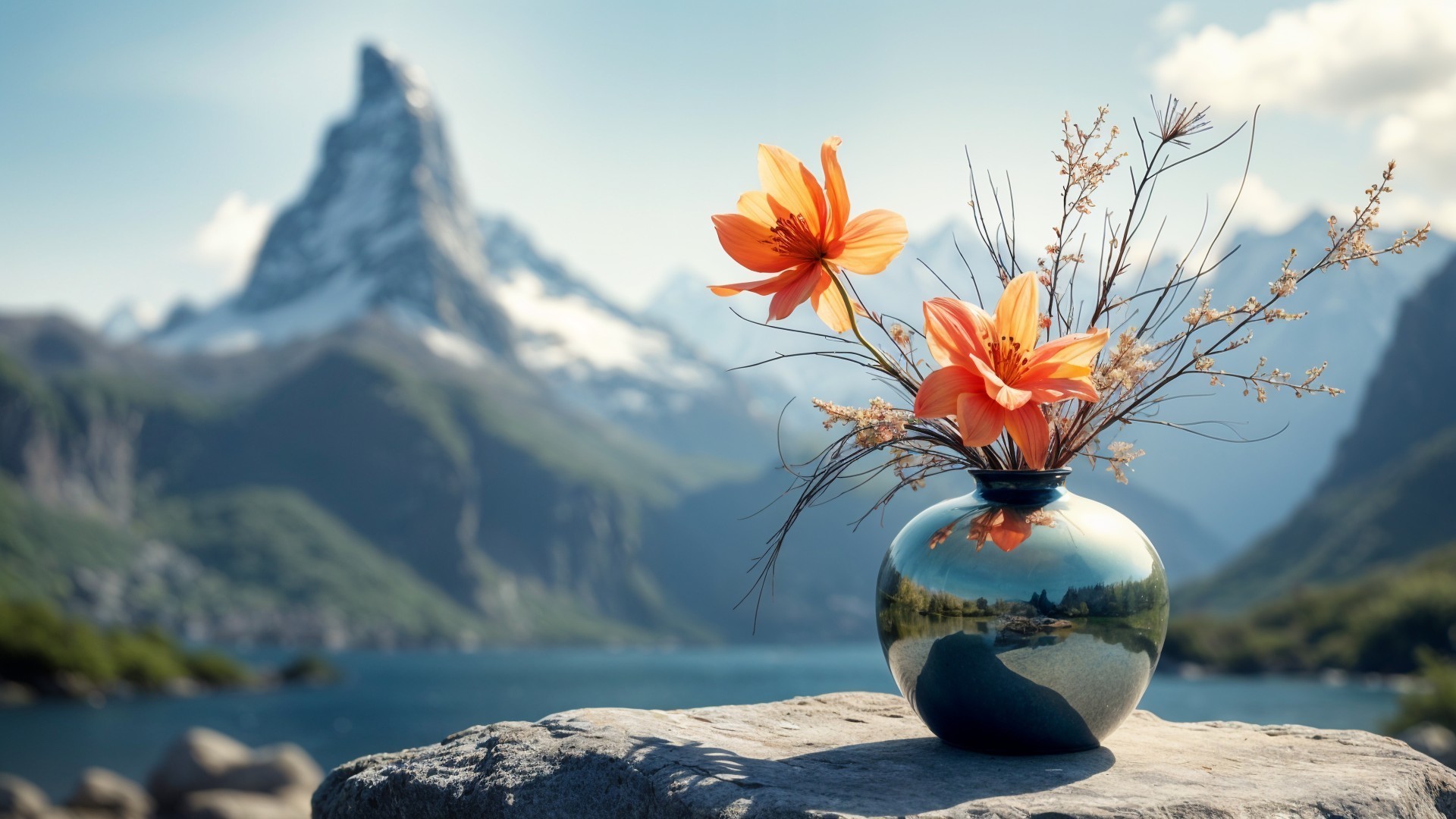Serene Lake and Mountains with Decorative Vase and Flowers