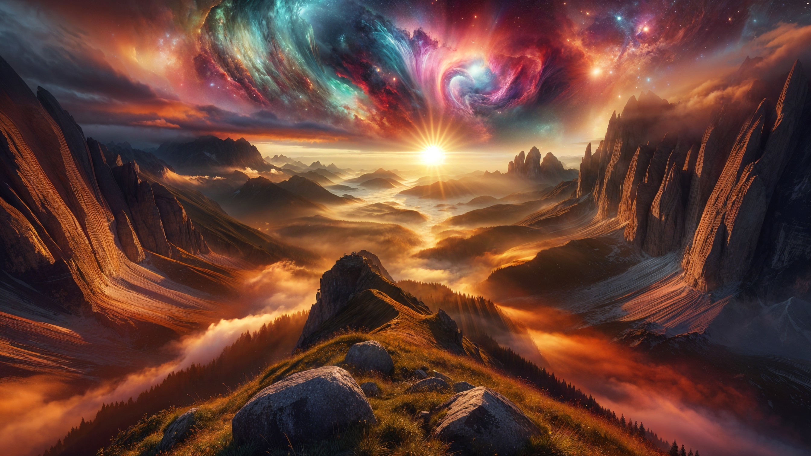 Vibrant Cosmic Landscape with Mountains and Sunset