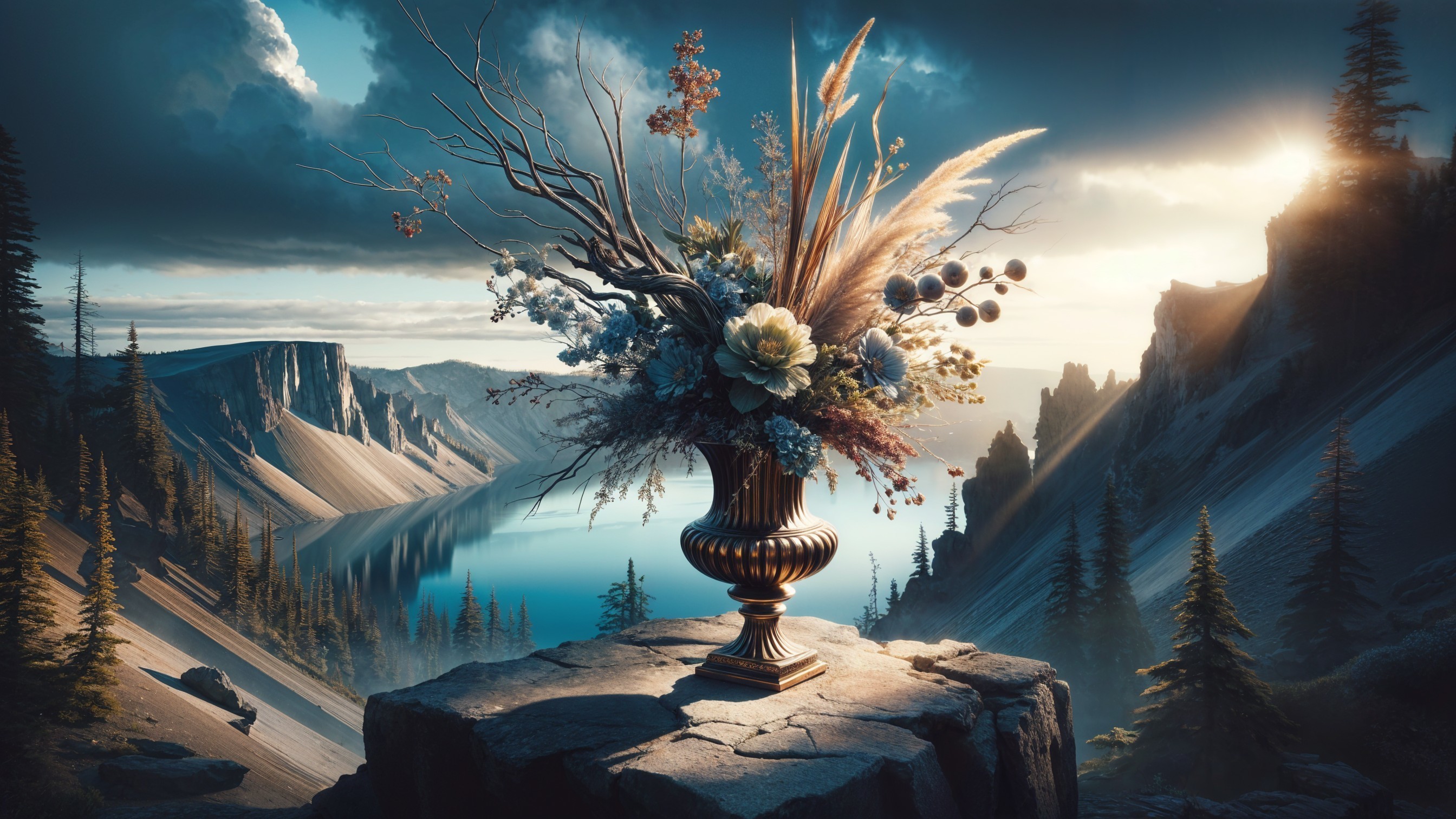Floral Arrangement in Landscape with Mountains and Lake