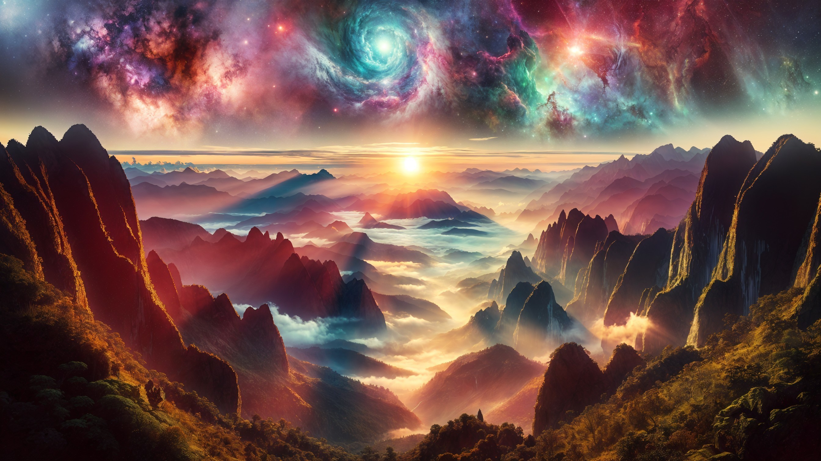 Vibrant Cosmic Landscape with Majestic Mountains