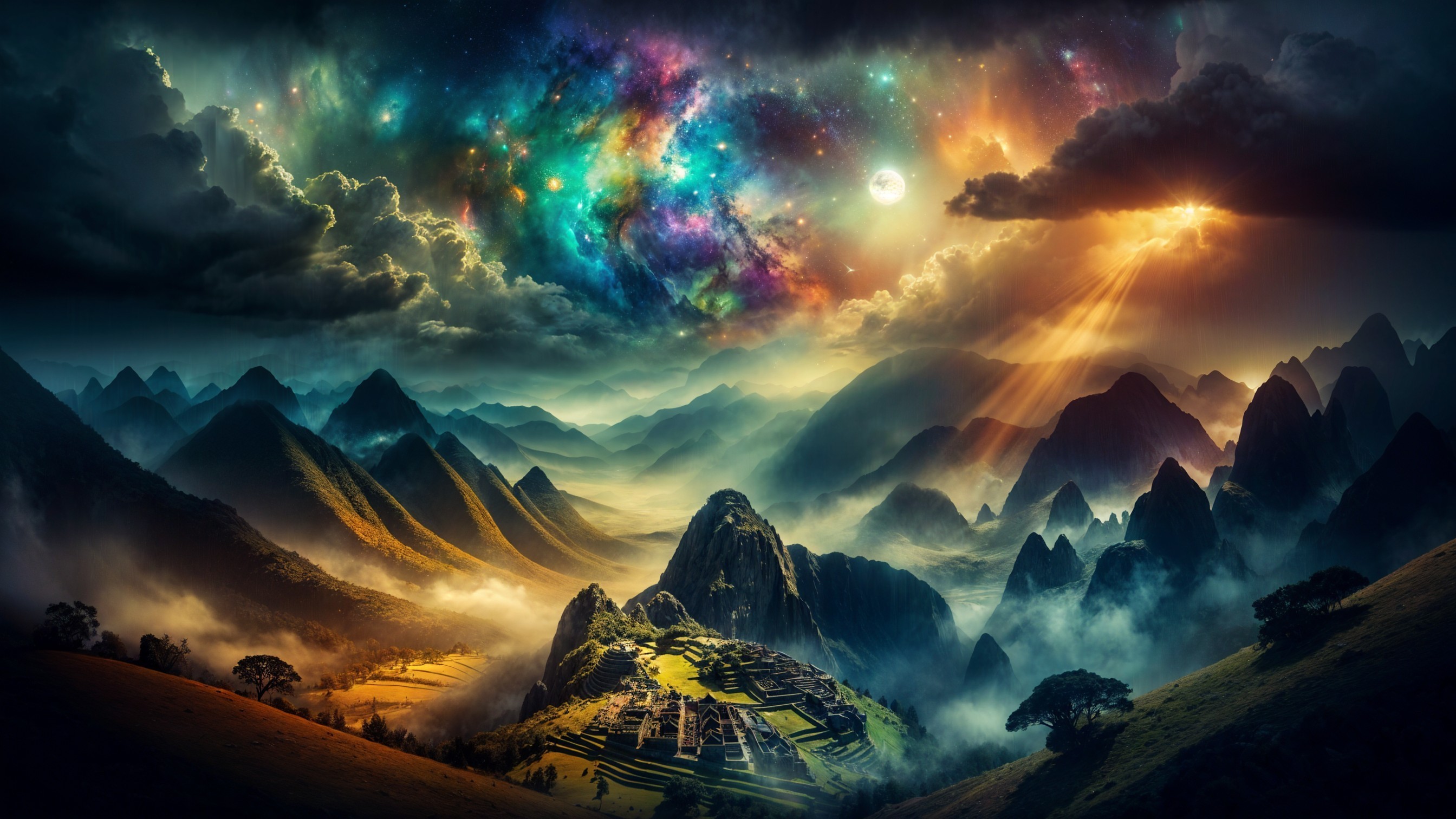 Majestic Mountains and Ancient Ruins in Vibrant Landscape