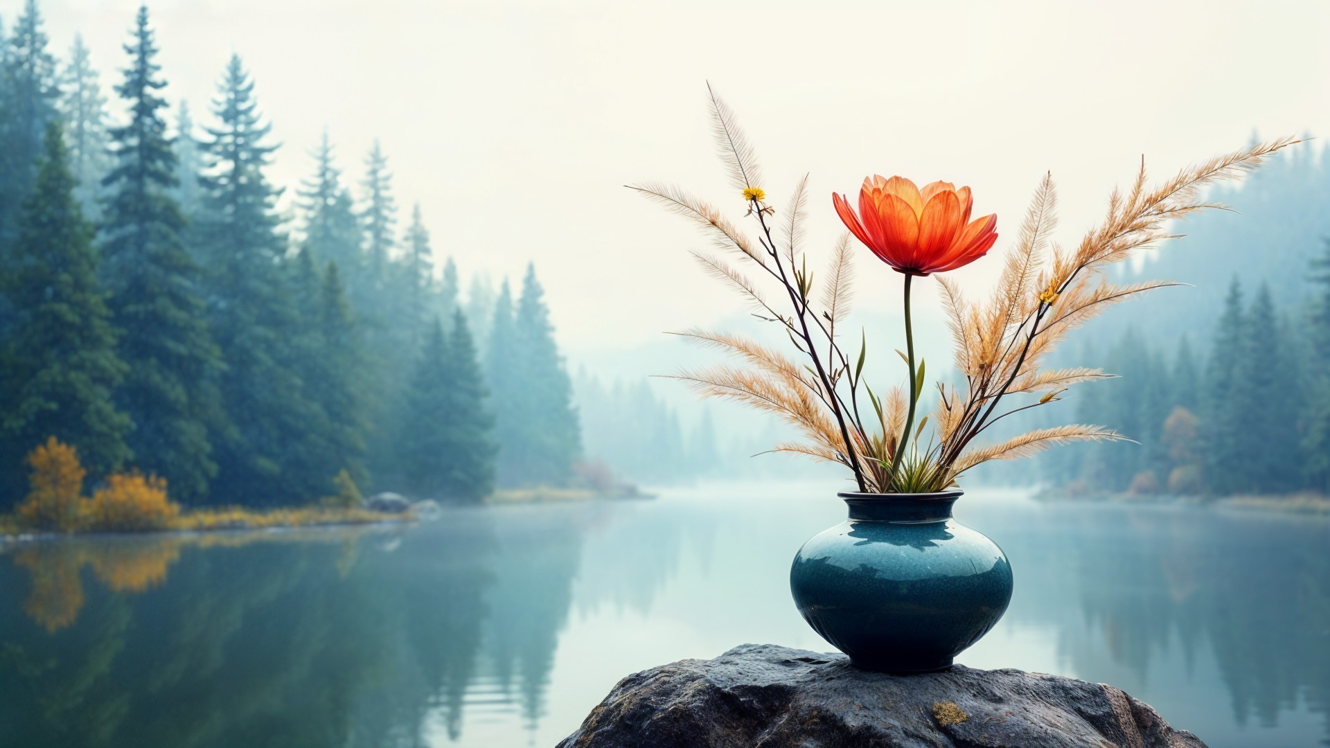 Vibrant Orange Flower in Dark Vase by Calm Waters