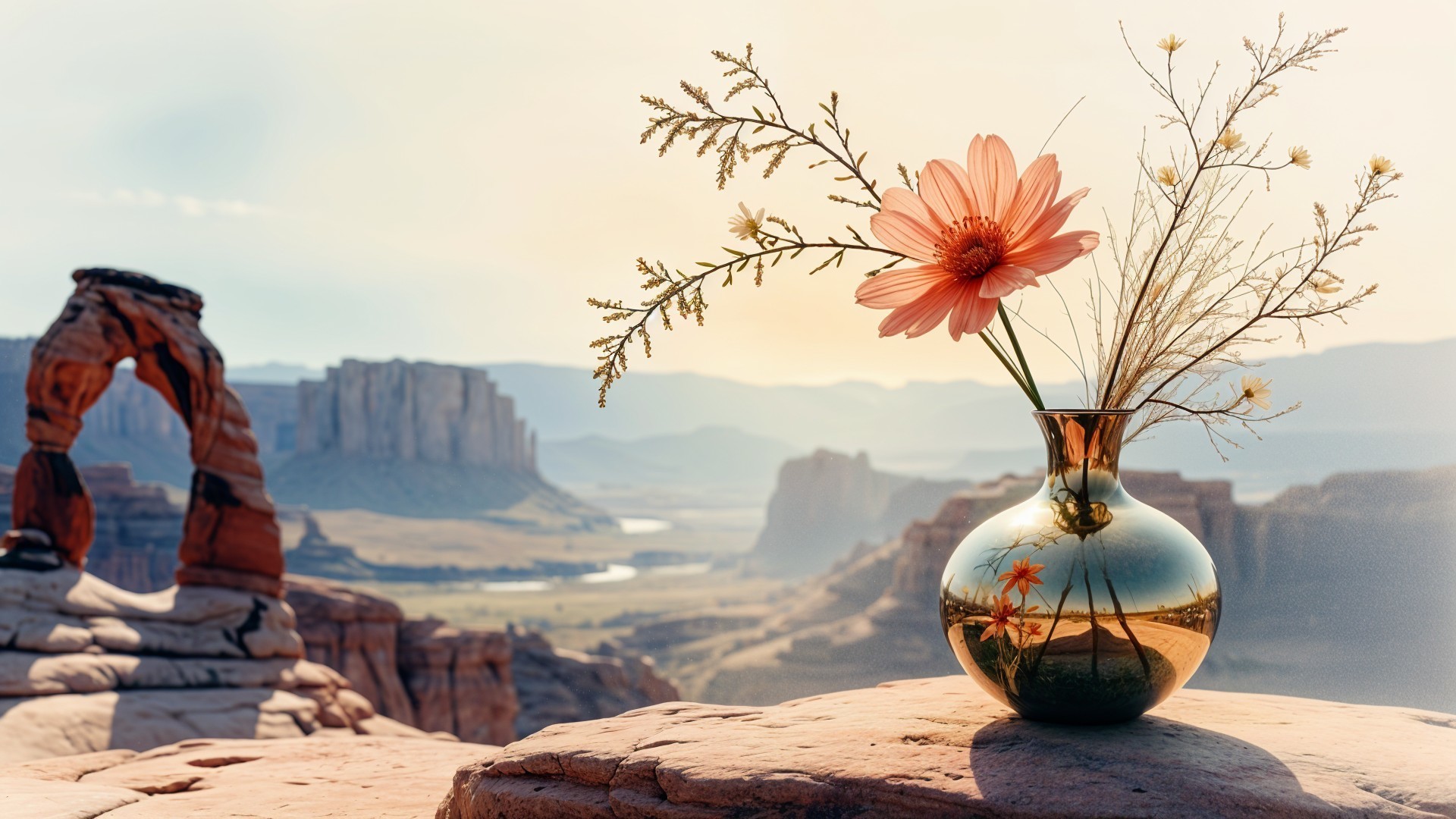Desert Scene with Vase, Flower, and Rock Formations