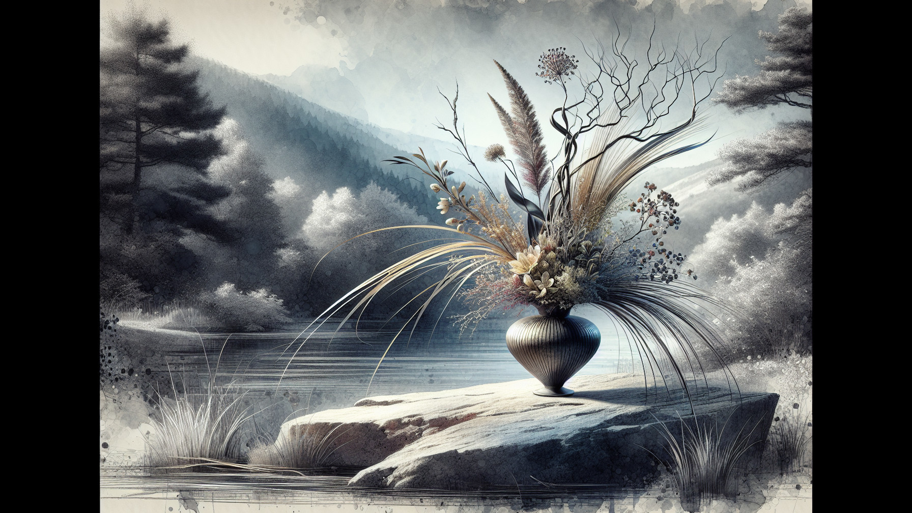 Serene Landscape with Decorative Vase and Tranquil Waters