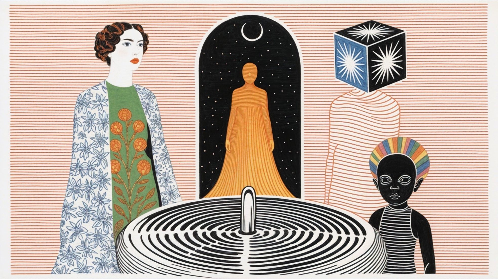 Artwork Depicting Four Unique Figures and Cosmic Elements