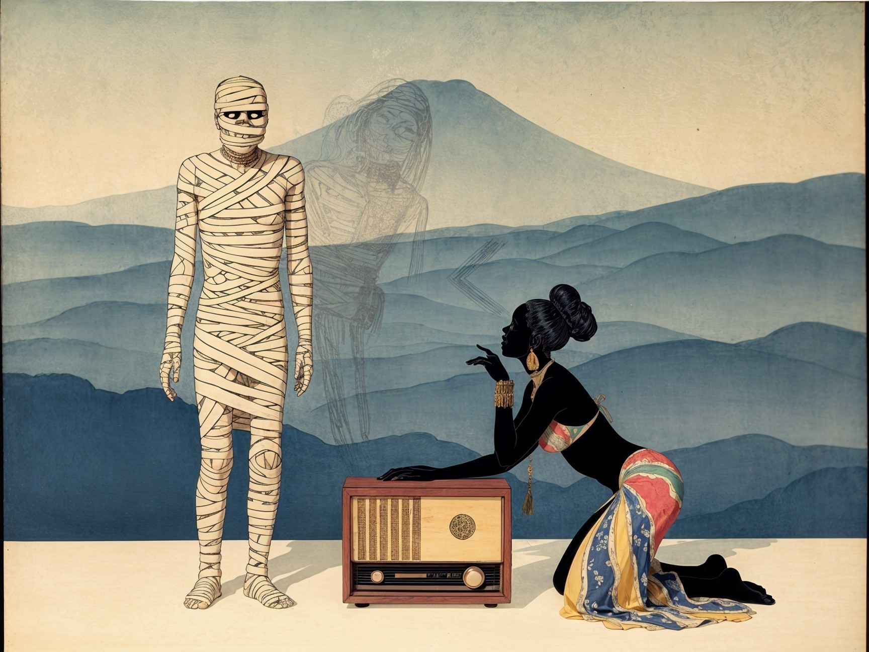 Surreal Landscape with Mummy and Elegant Woman