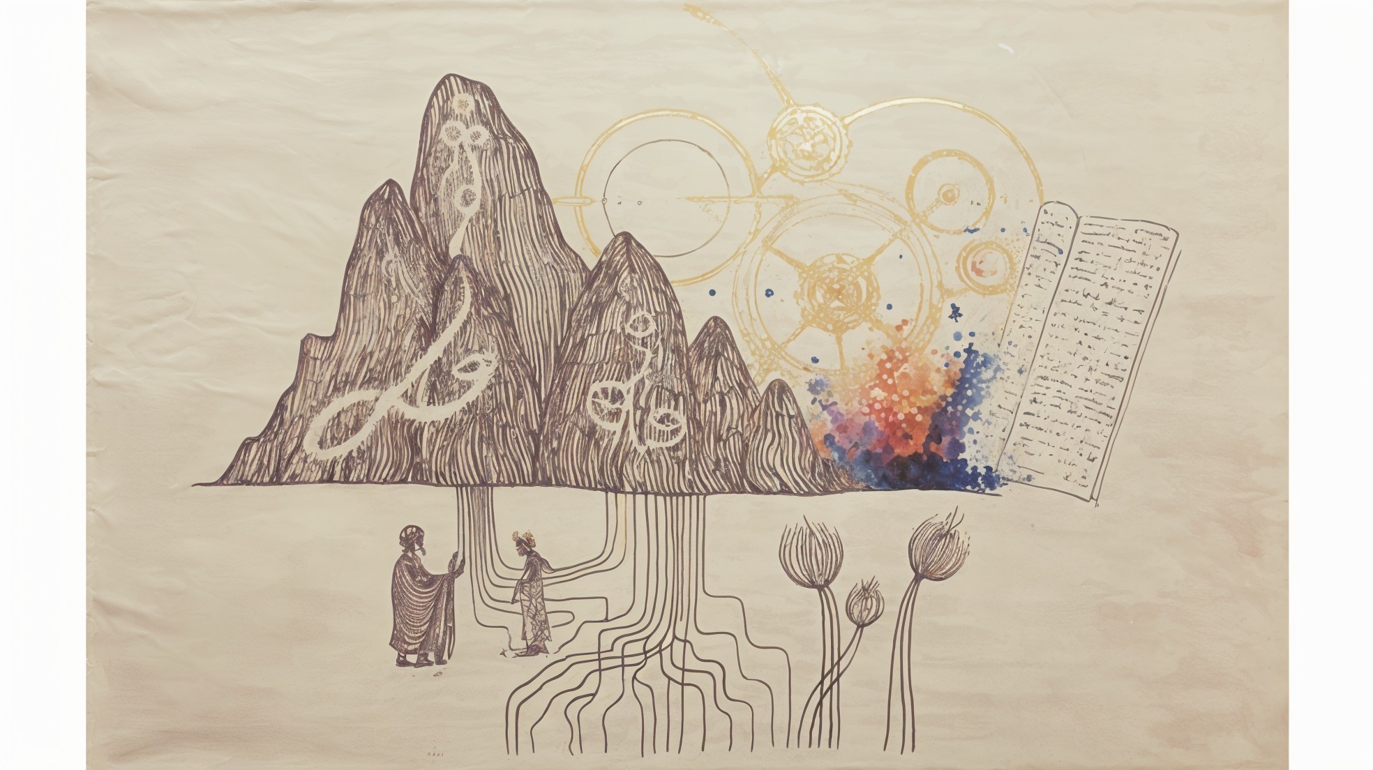 Whimsical Mountain Landscape with Symbols and Patterns