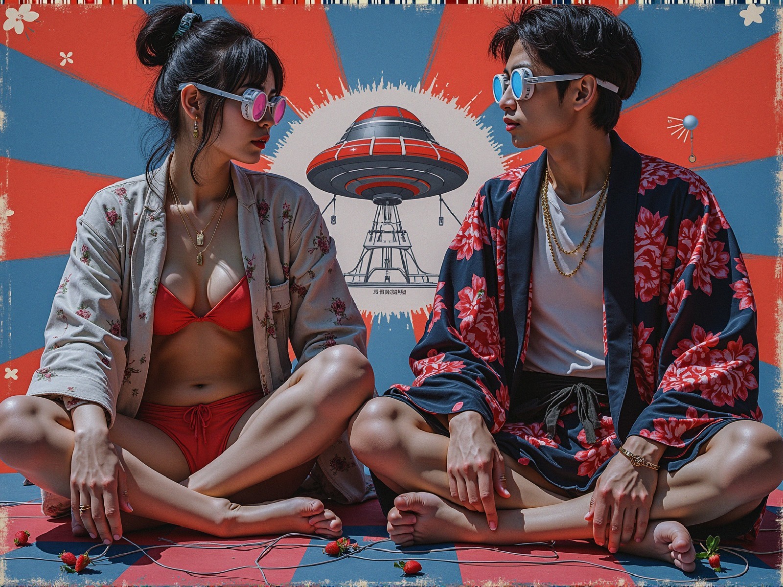 Couple in Colorful Summer Scene with Retro UFO Graphic