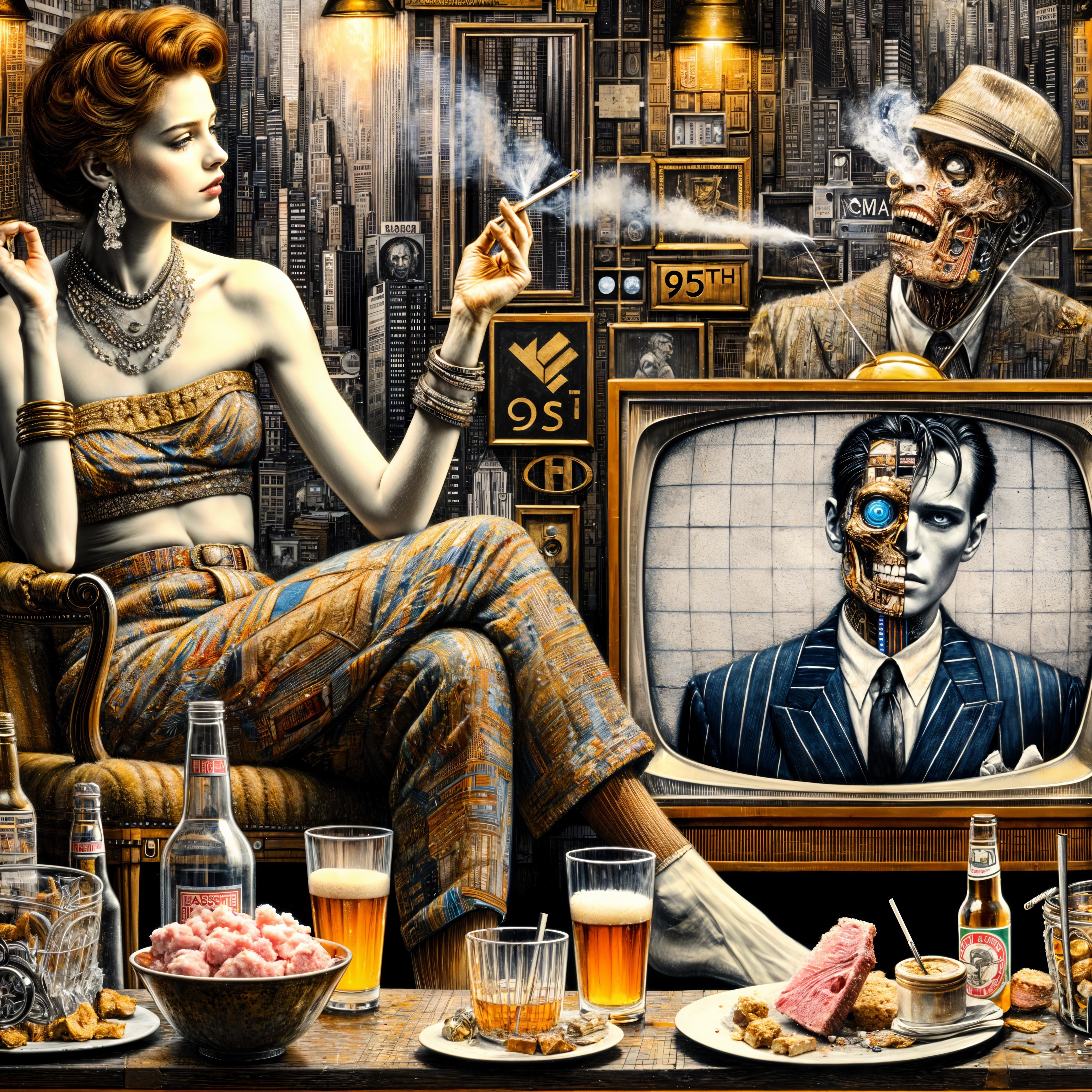 Retro Art Deco Painting Featuring Futuristic Themes