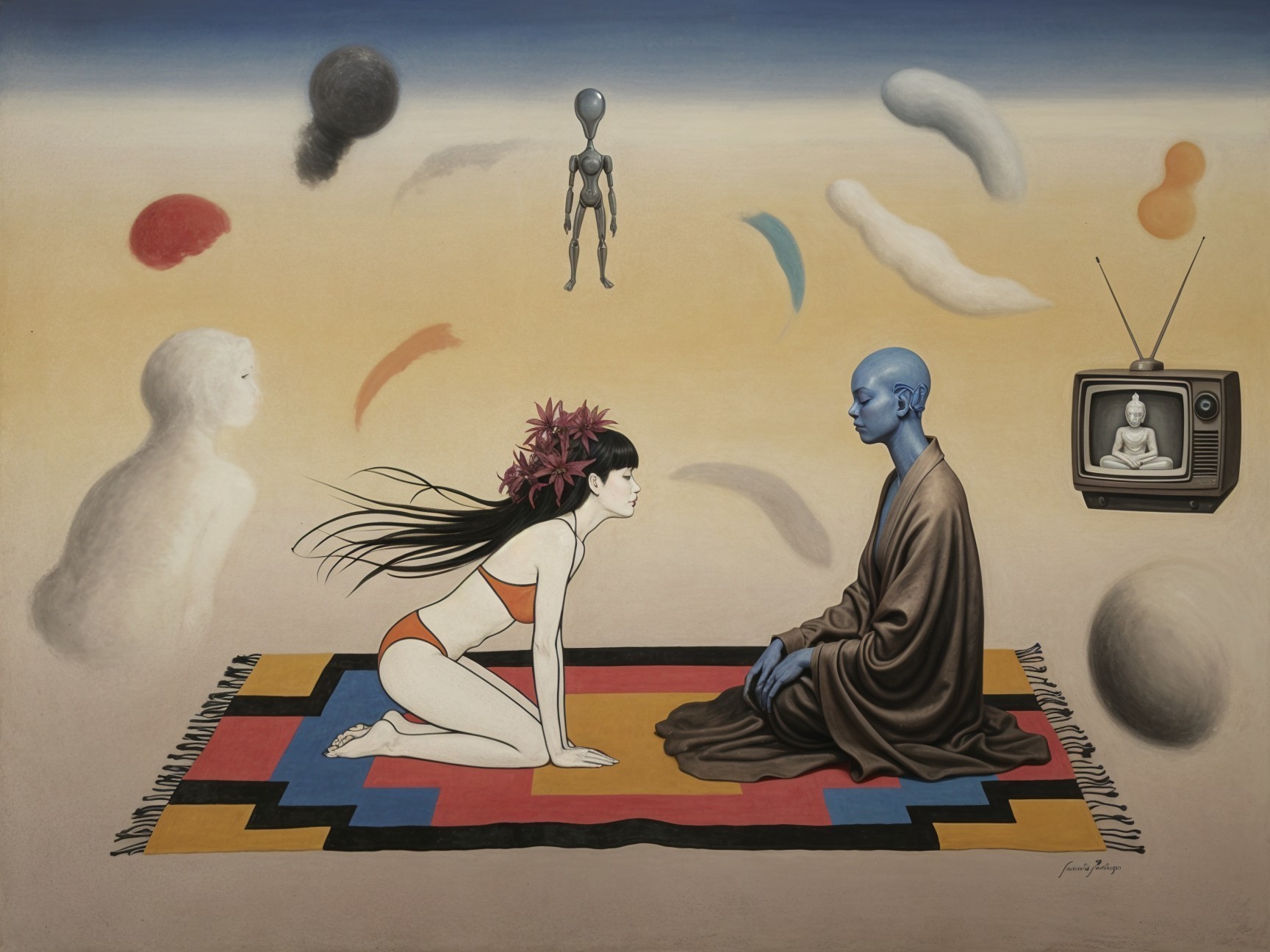 Surreal Scene of Figures on a Vibrant Rug