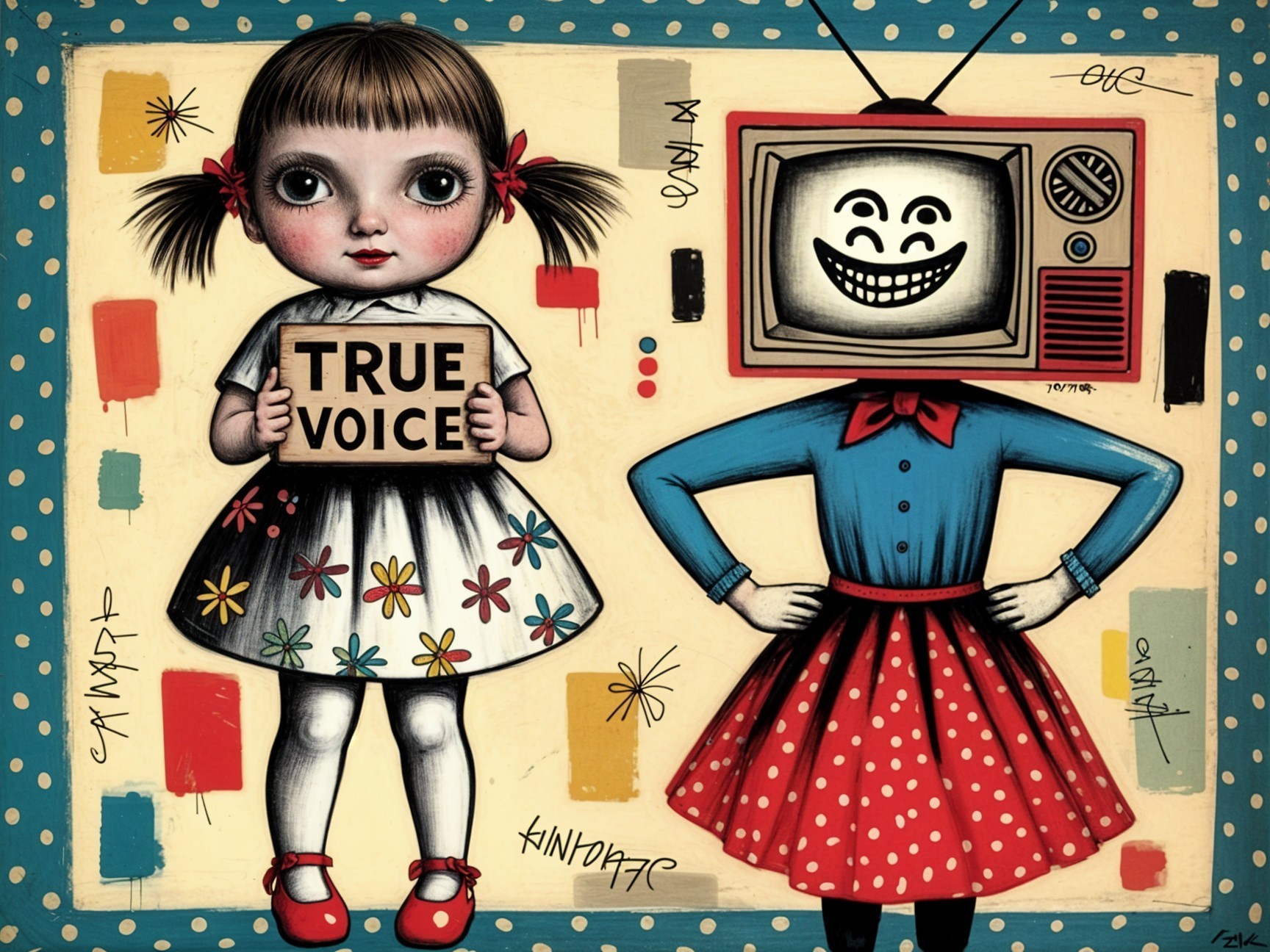 Illustration of Girl with Sign and Vintage TV Character