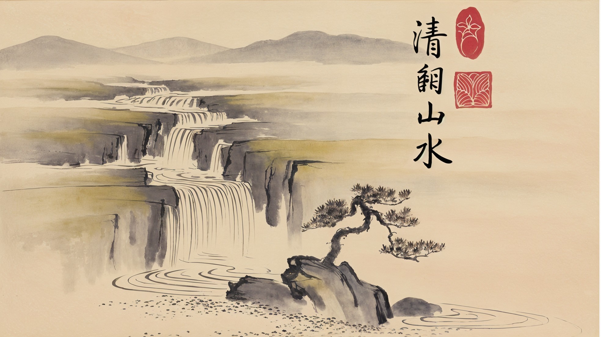 Serene Landscape with Waterfalls and Mountain Mist