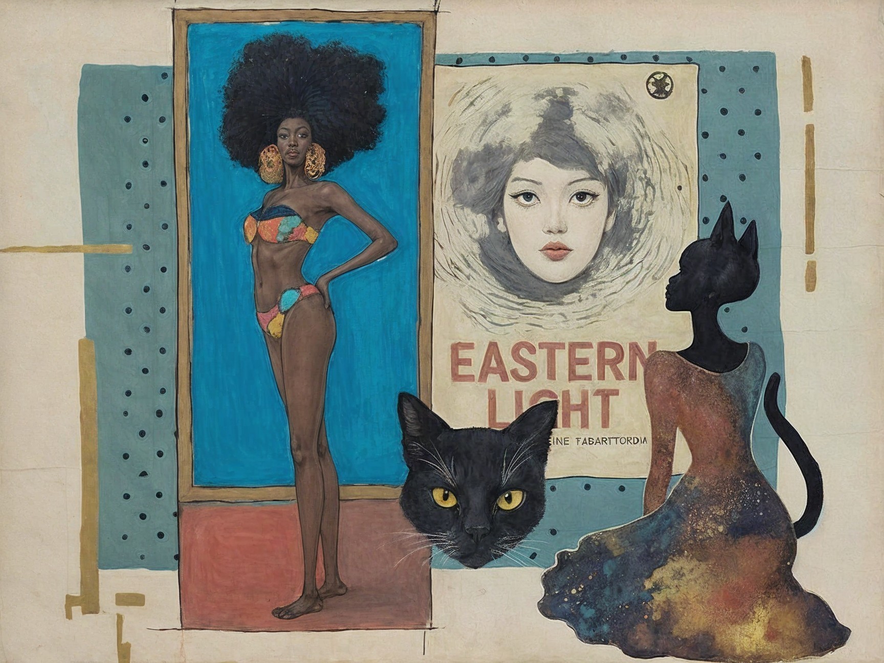 Vibrant Collage with Woman, Vintage Poster, and Silhouette