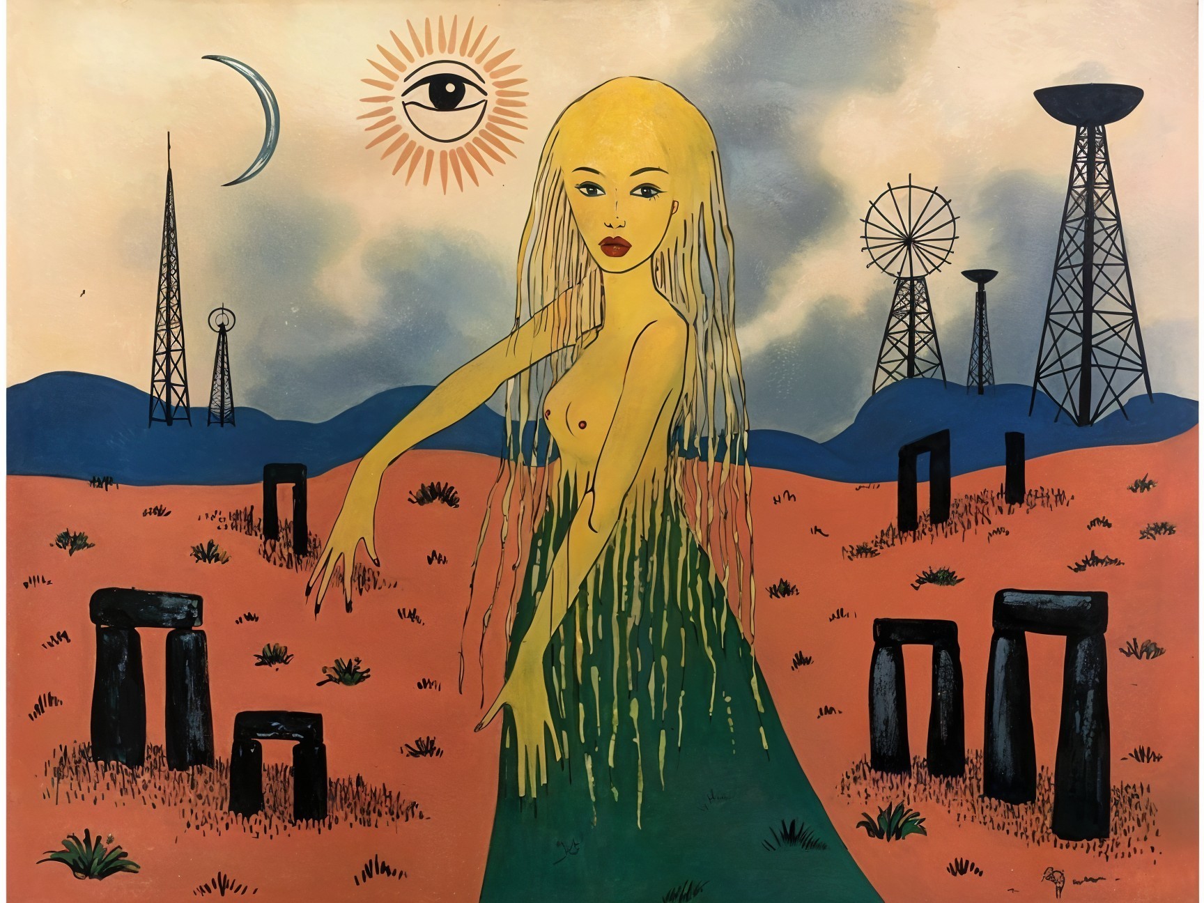 Surreal Landscape with Woman in Green Garment