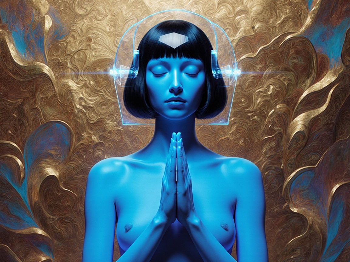 Futuristic Figure with Blue Skin in Serene Pose