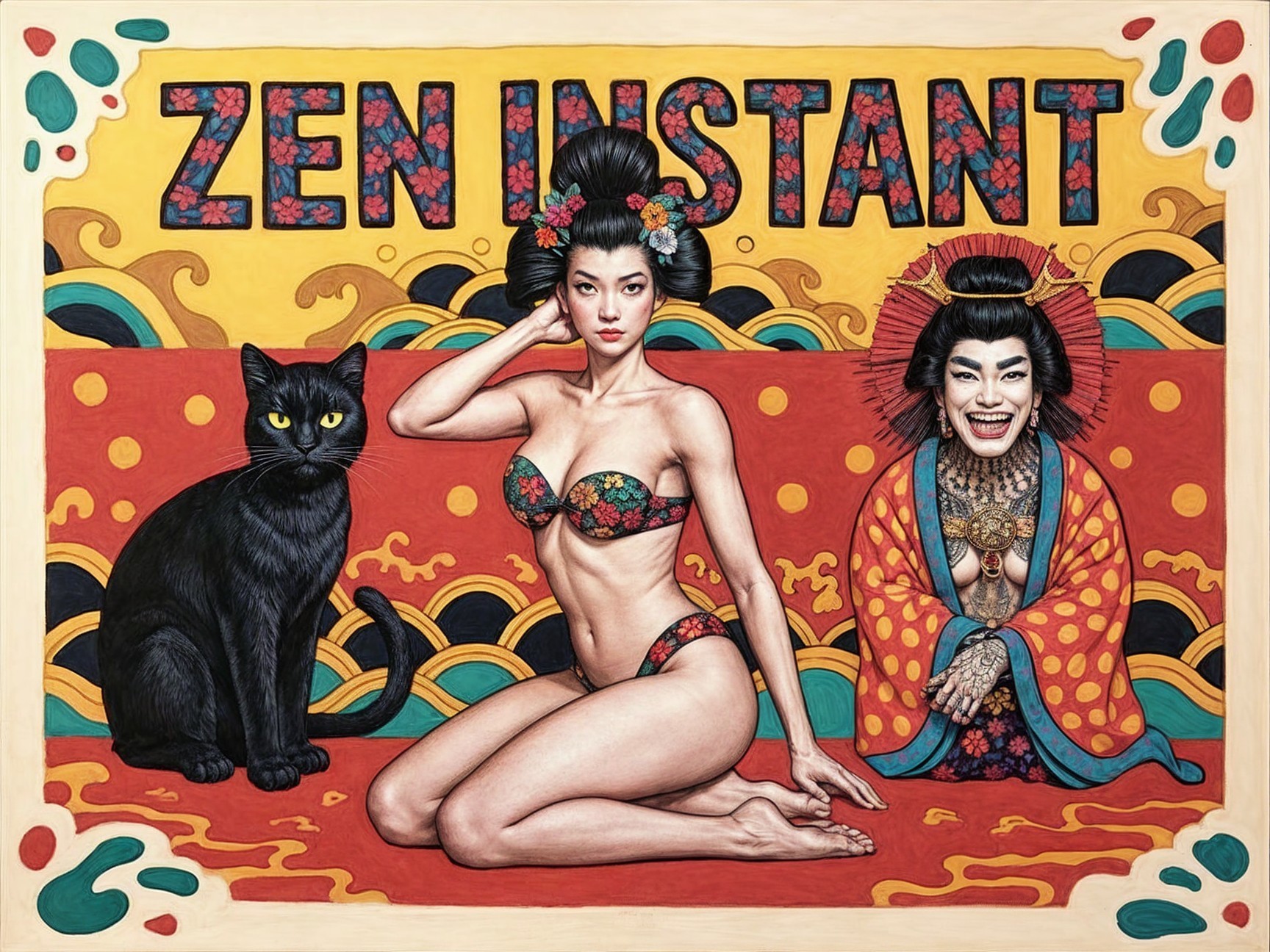 Vibrant Artwork of Women and Cat in Colorful Setting