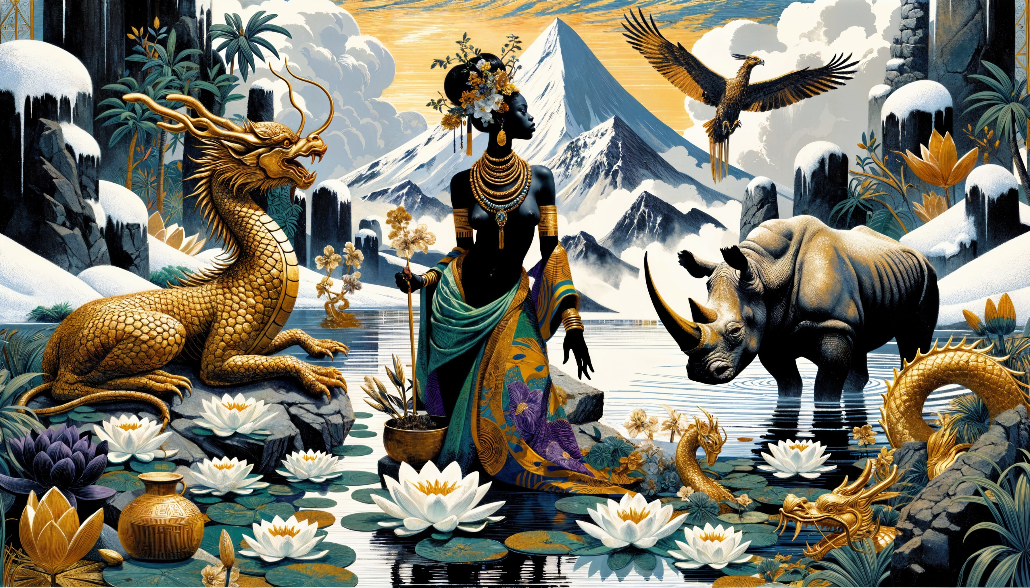 Ornate Illustration of African and East Asian Cultural Fusion