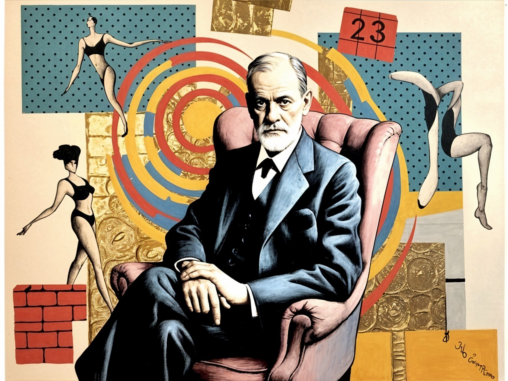 Stylized portrayal of Freud with vibrant geometric shapes