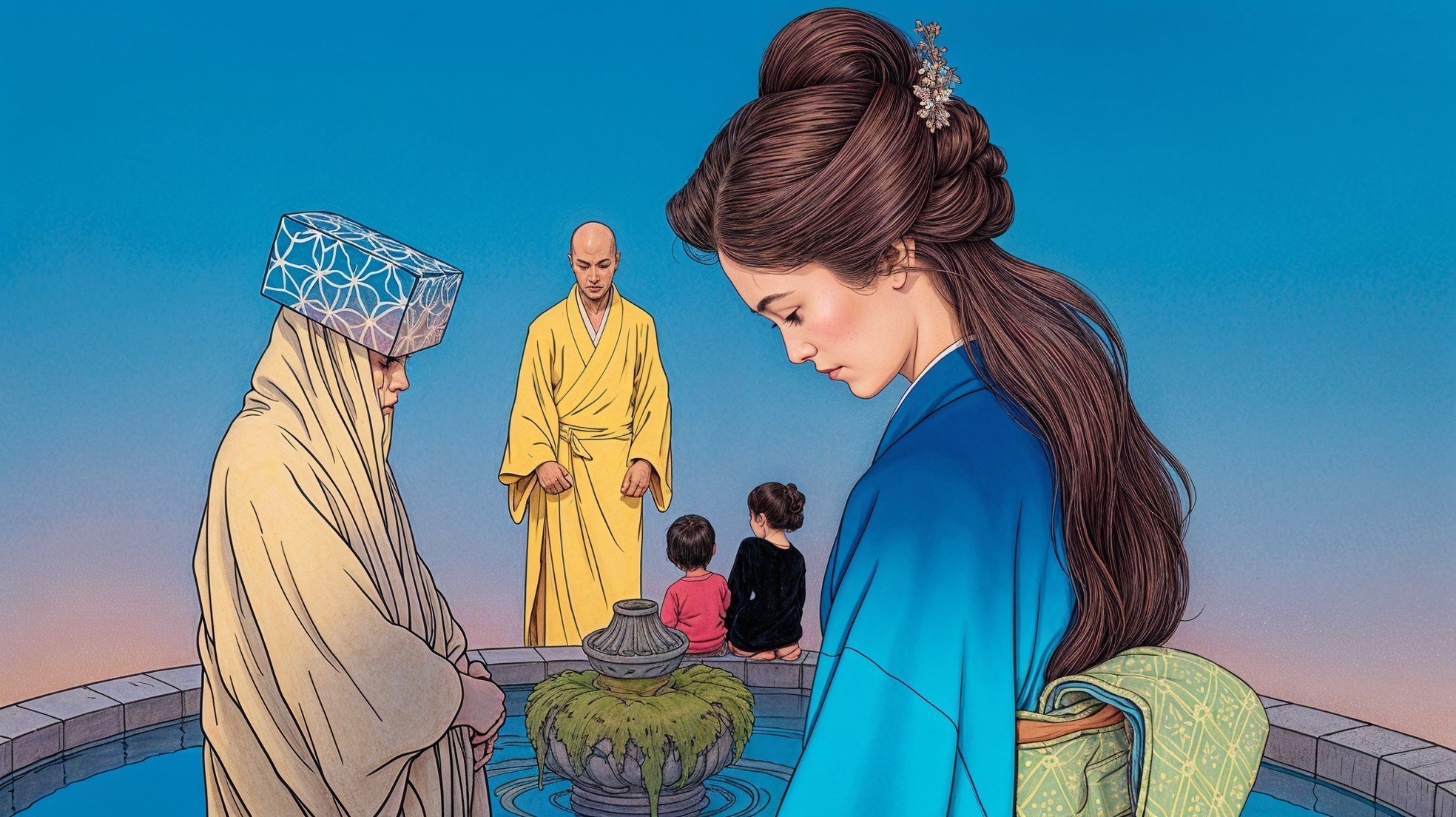 Serene Scene with Traditional Attire and Fountain