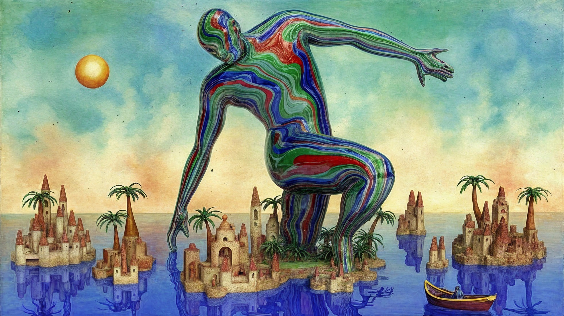 Vibrant Humanoid Figure in Surreal Island Landscape
