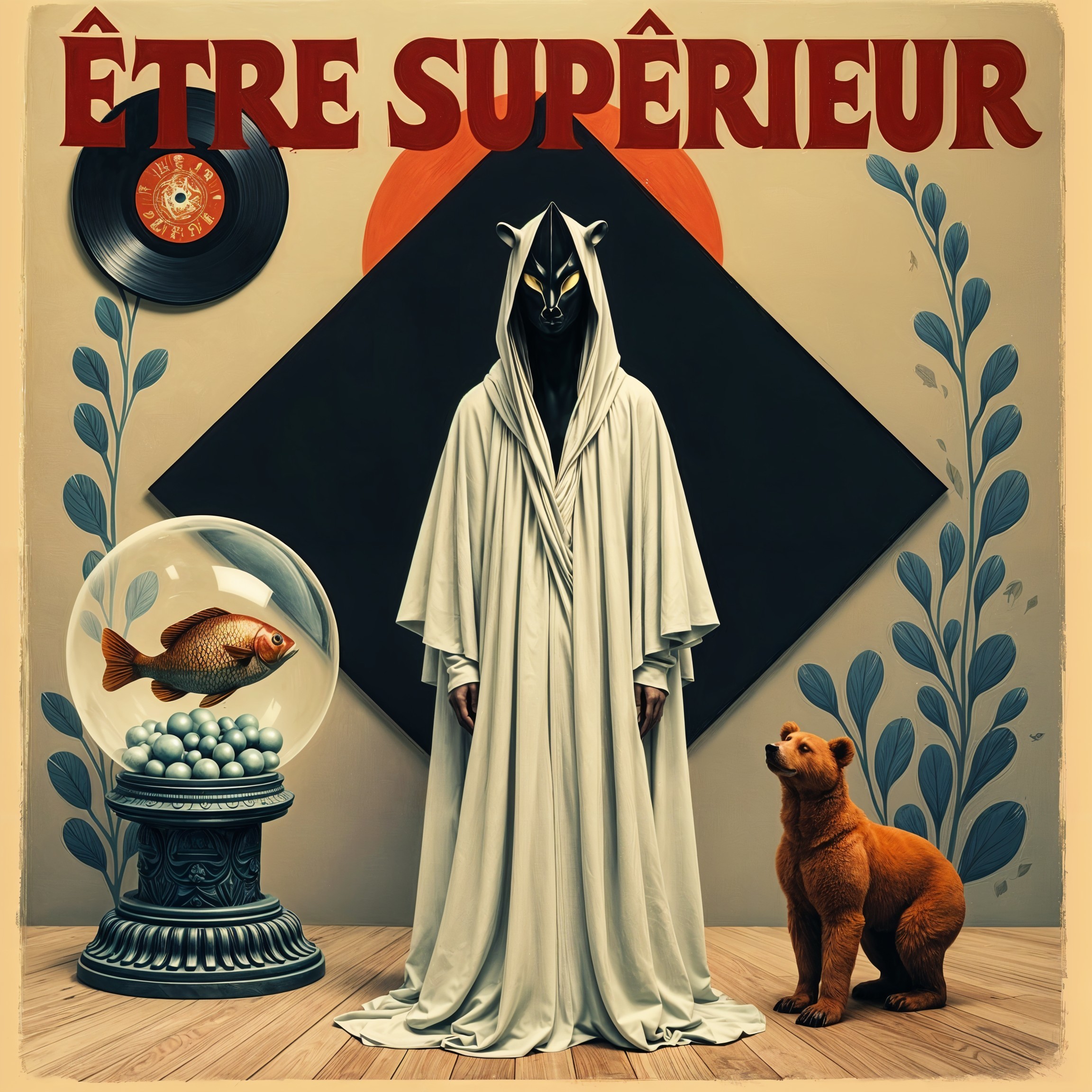 Surreal Scene with Cloaked Figure and Whimsical Elements