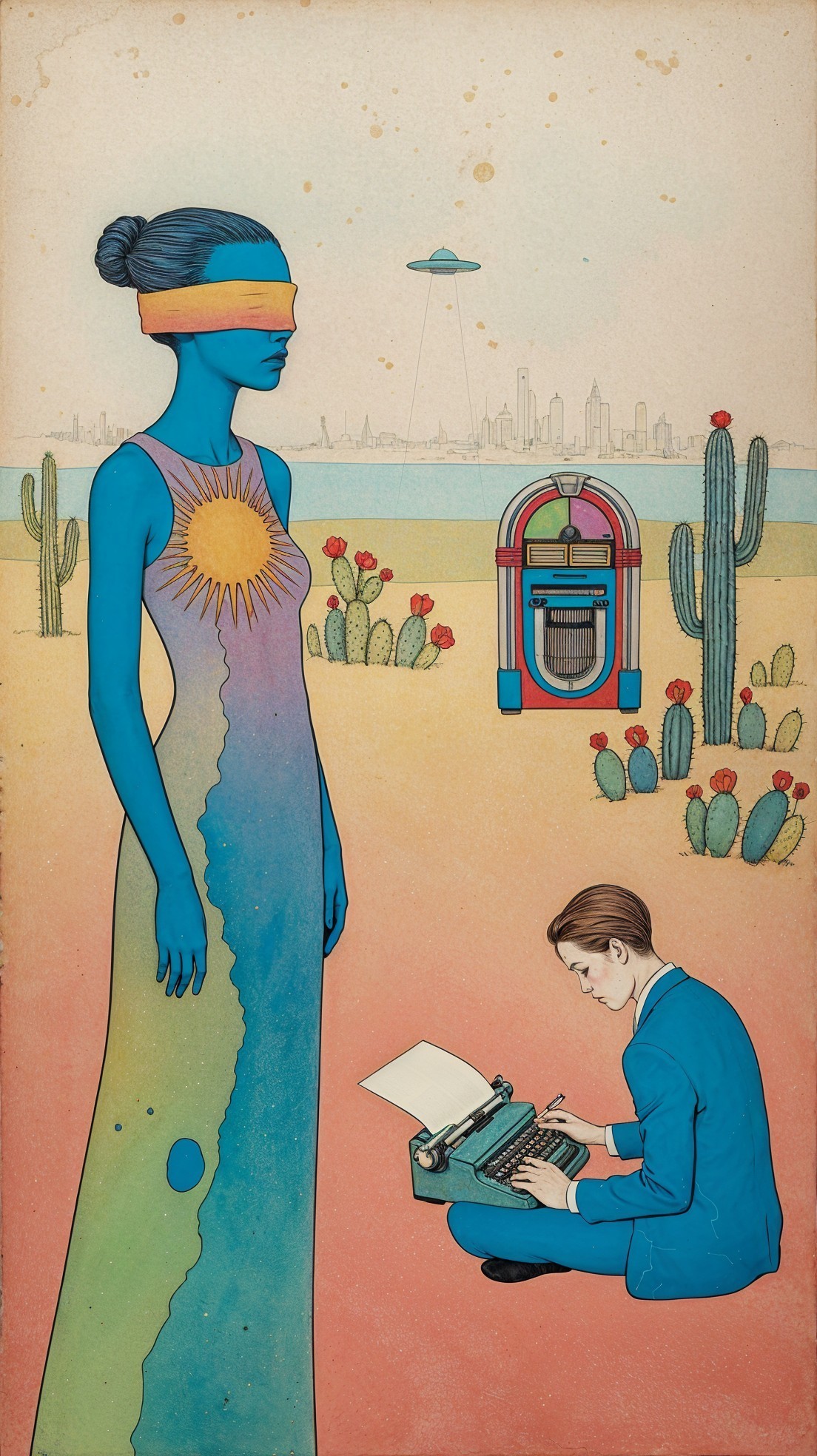 Surreal Desert Scene with Blue-Skinned Woman and UFO