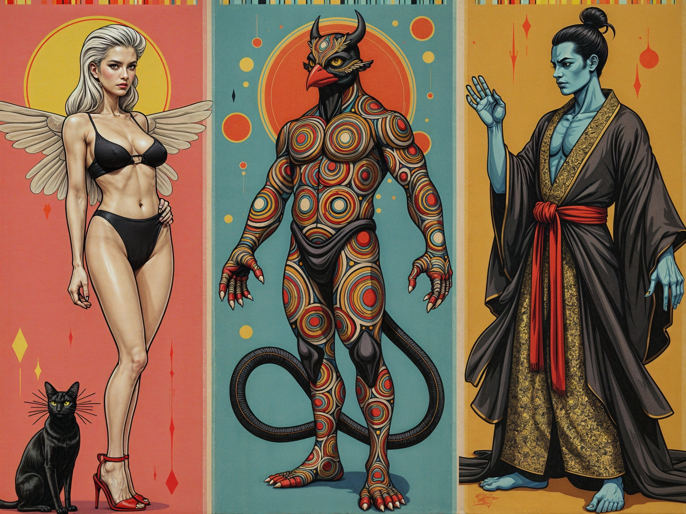 Three Distinct Characters in Colorful Backgrounds