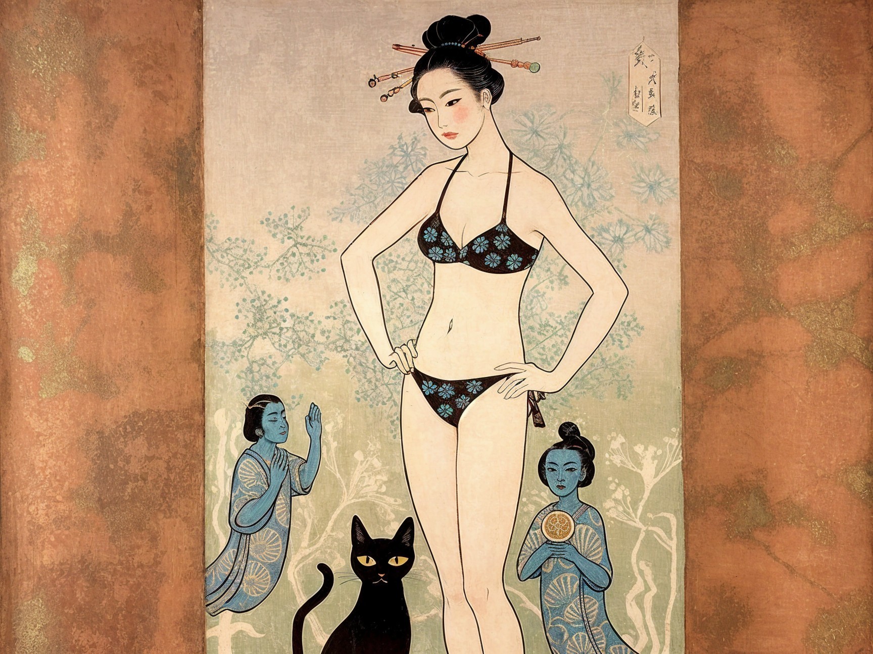 Traditional Japanese Painting of Woman in Bikini and Cat