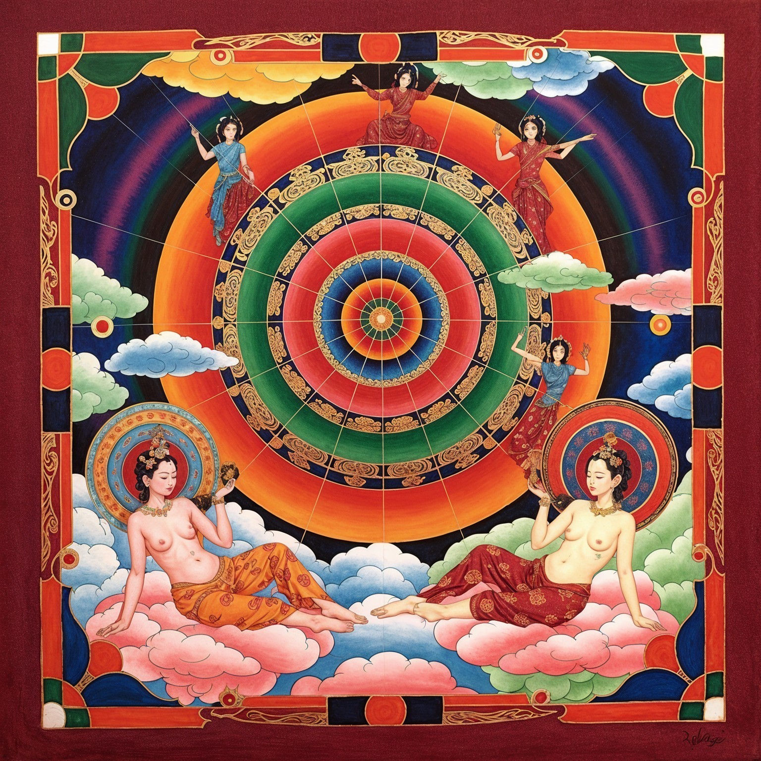 Vibrant Mandala Artwork with Serene Figures and Clouds