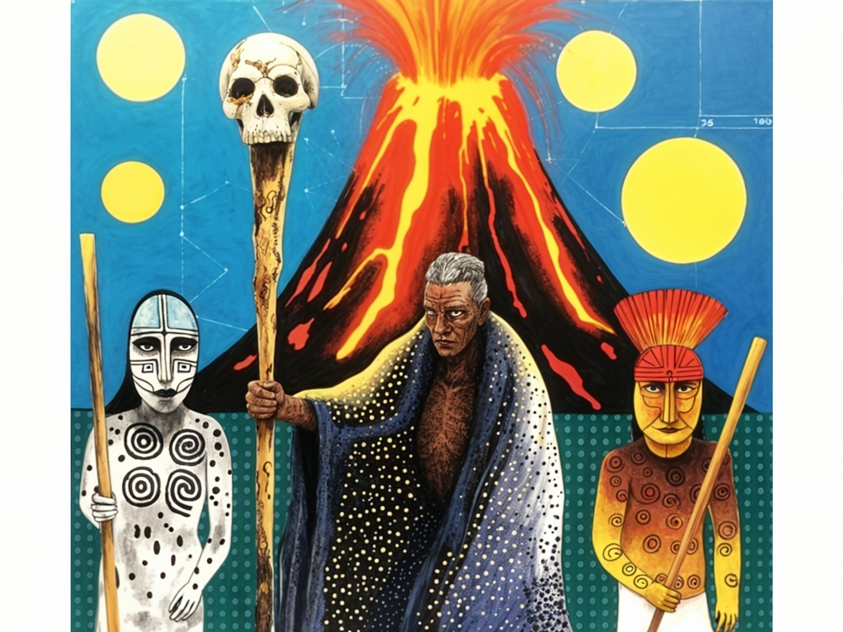 Figures in front of a volcano with vibrant colors
