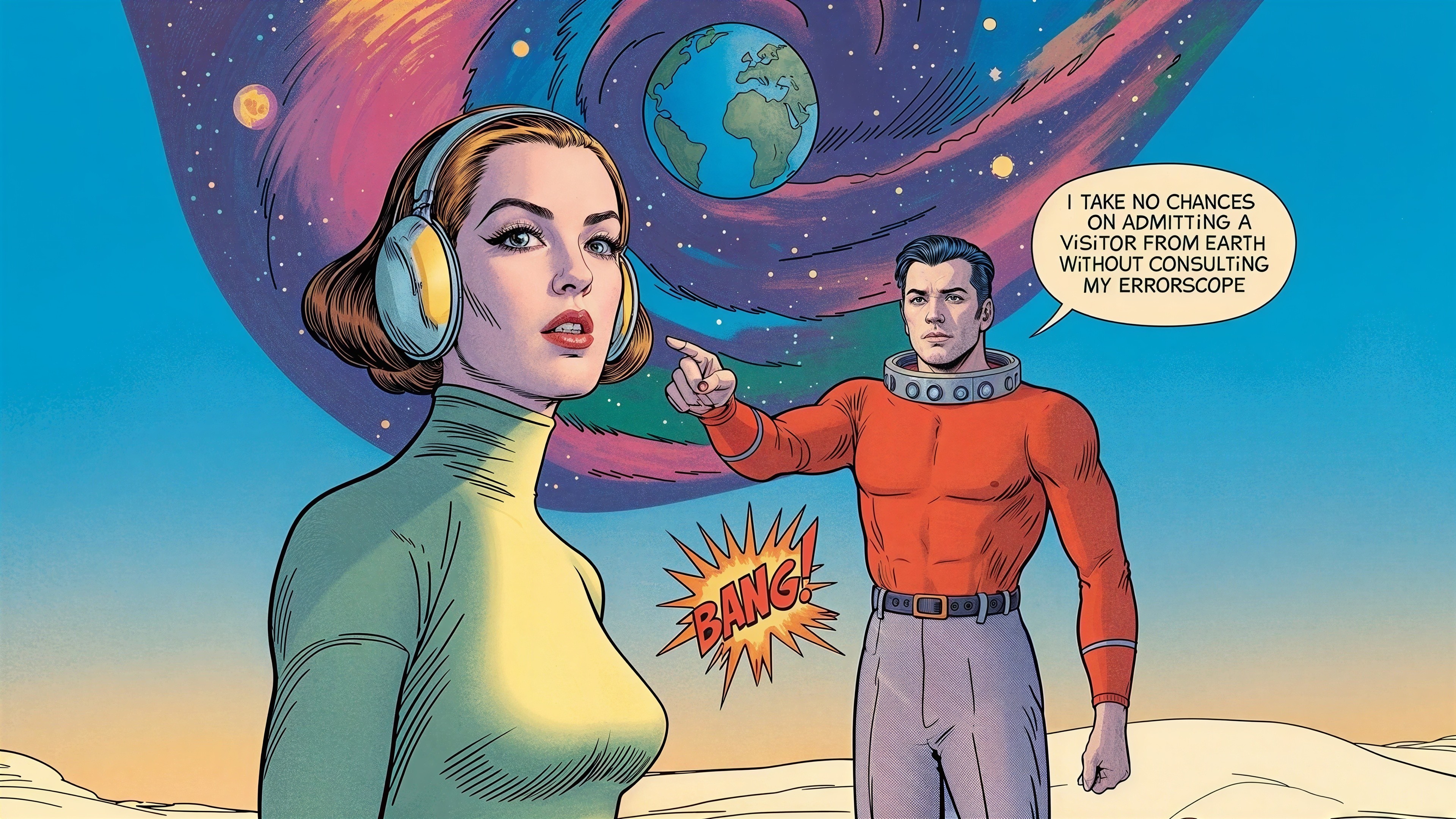 Retro-Futuristic Scene with Cosmic Colors and Characters