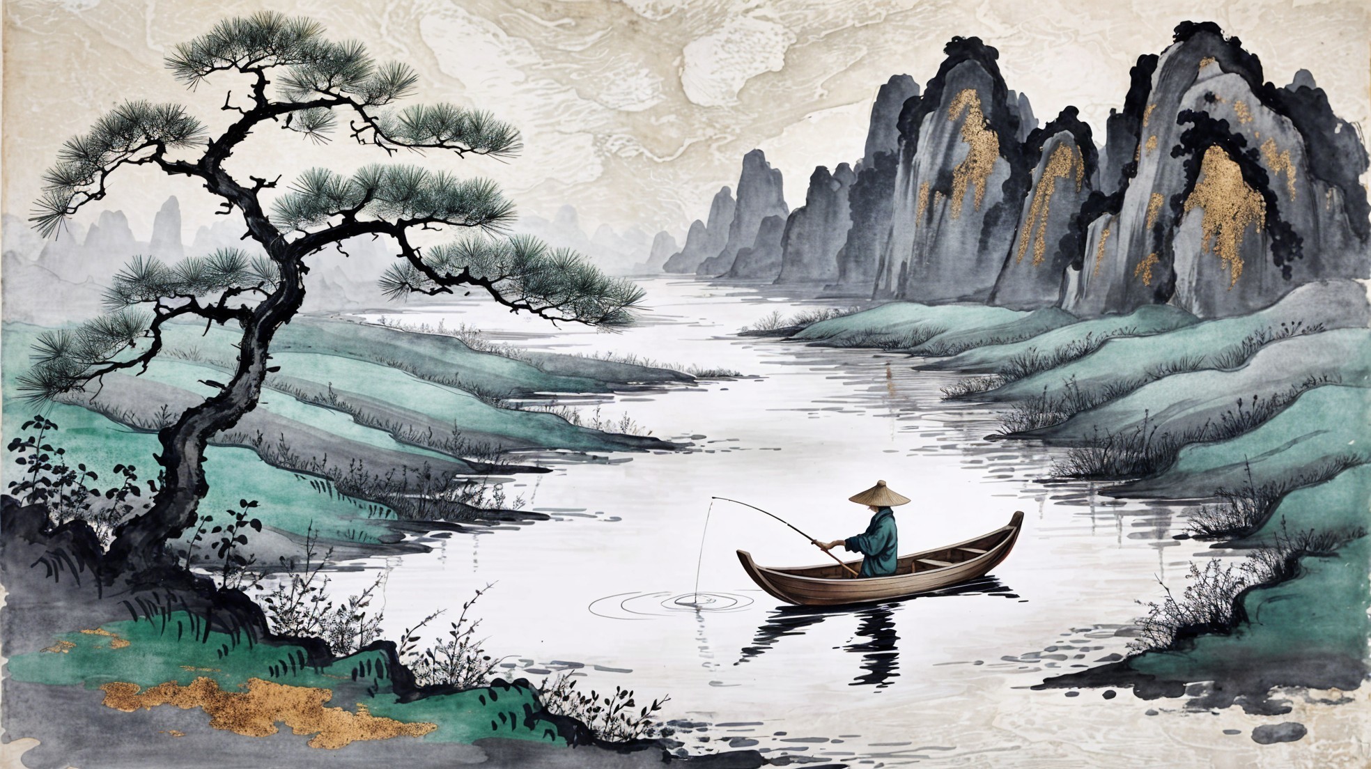 Watercolor Landscape of Fisherman on Calm River