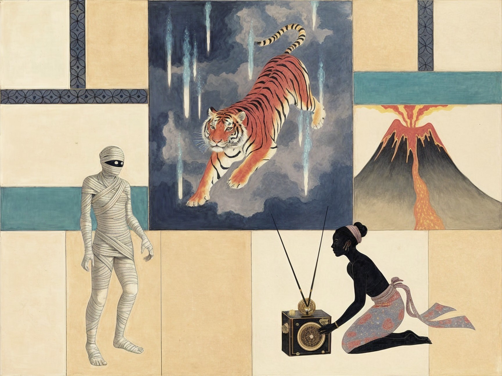 Dynamic Tiger and Mummy in Bold Artistic Composition
