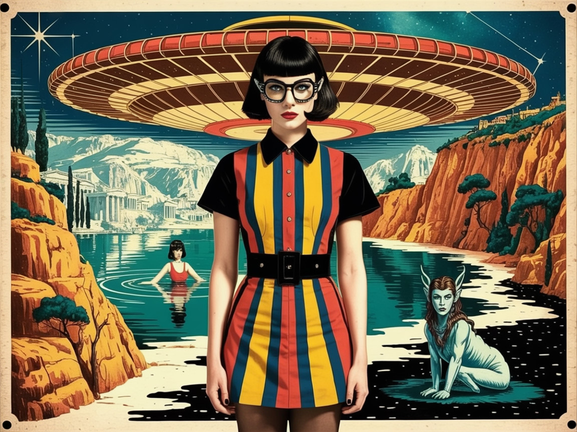 Retro Scene with Woman, Flying Saucer, and Landscape