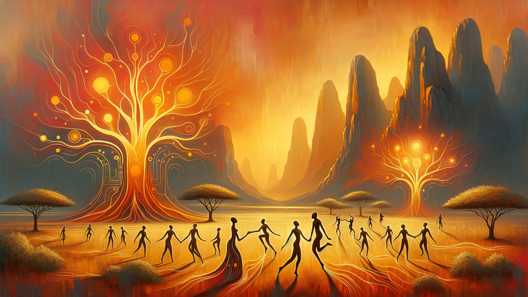 Surreal Sunset Landscape with Dancing Figures and Trees