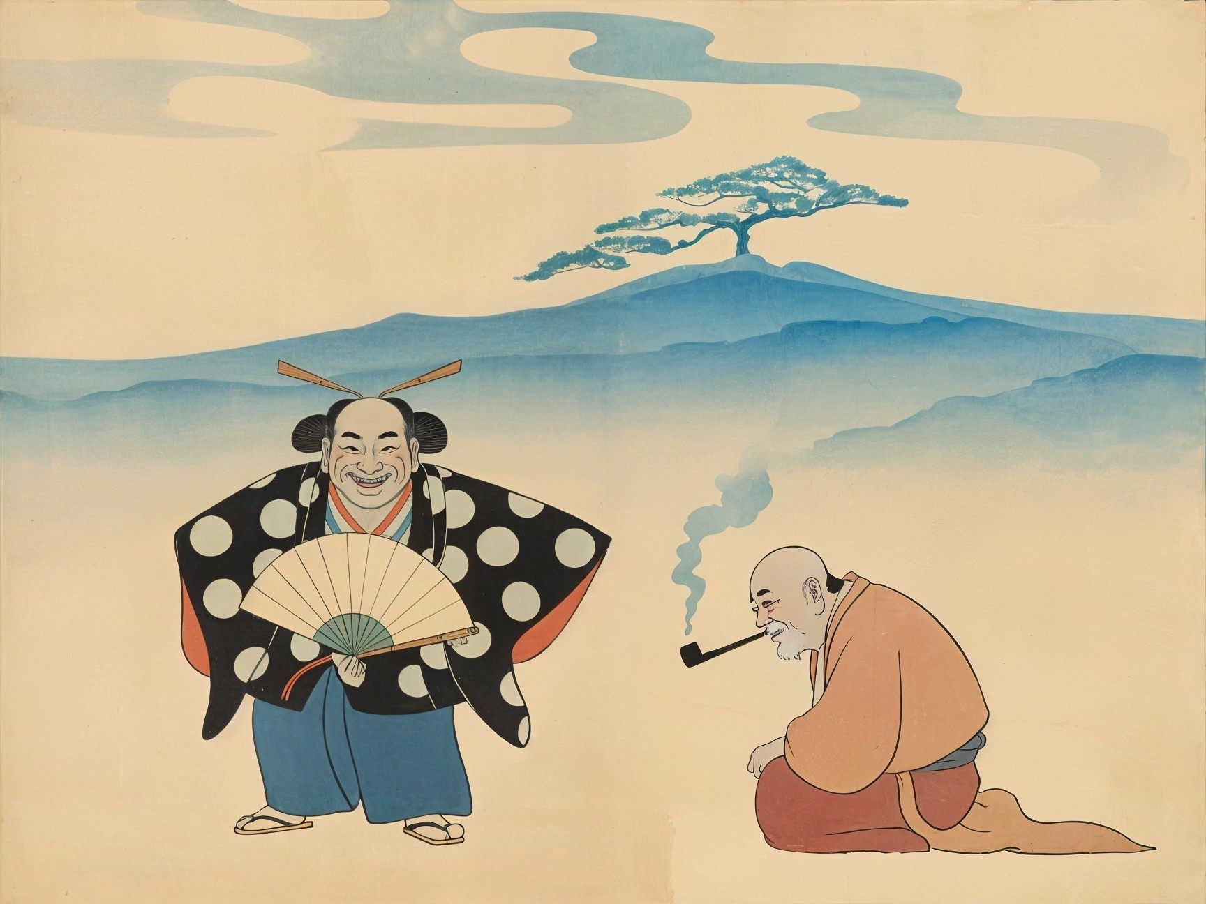 Traditional Japanese Figures in Serene Landscape