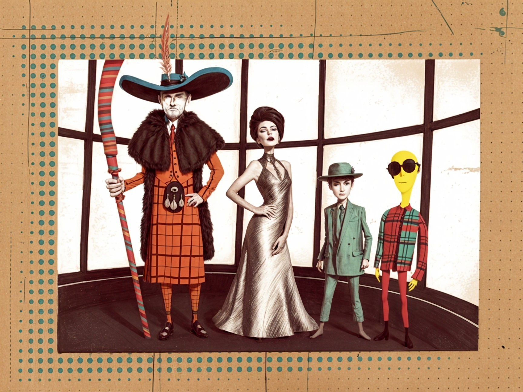 Stylized Group of Four Characters in Artistic Setting