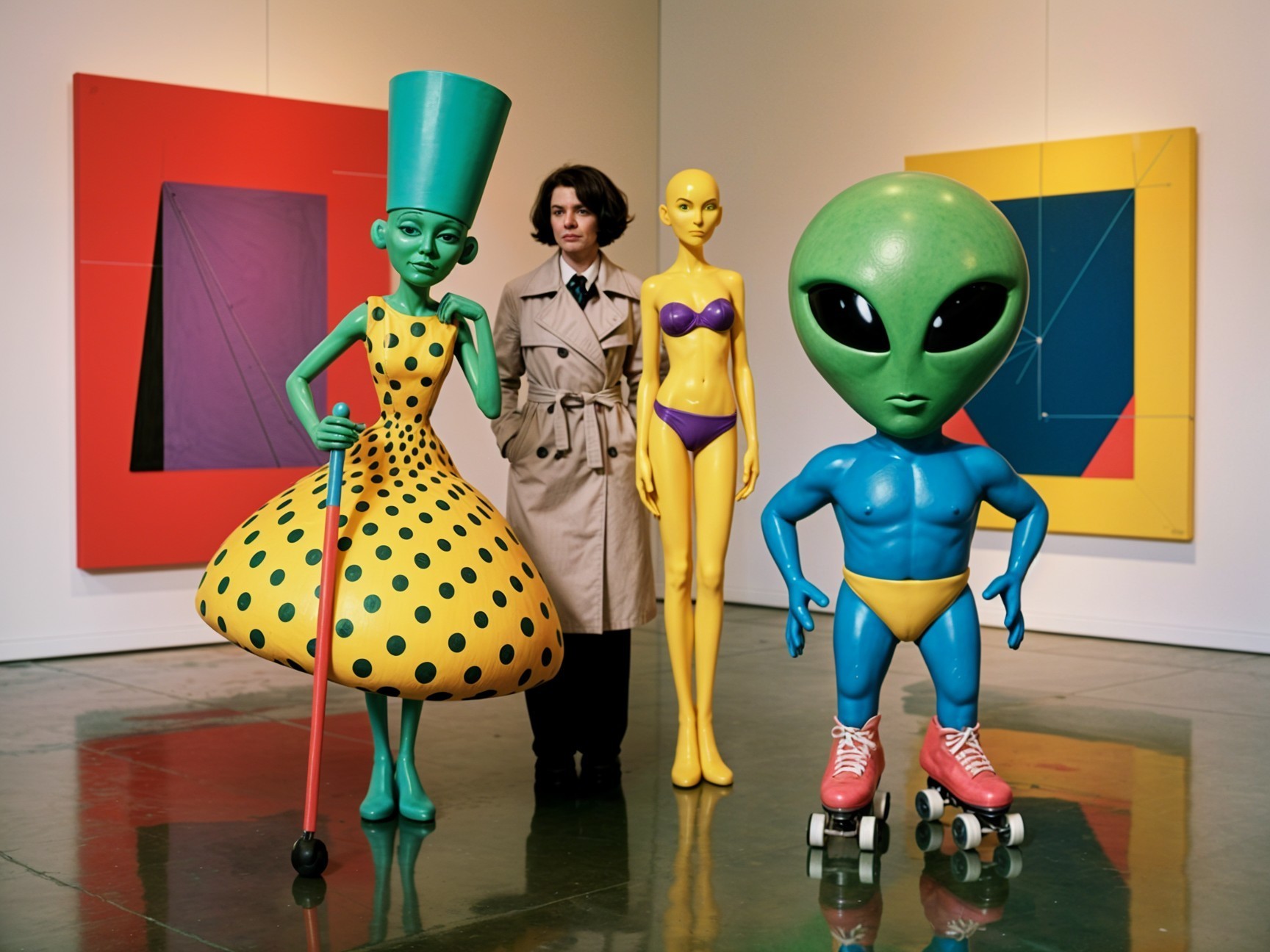 Art Gallery Display Featuring Unique Sculptures and Paintings