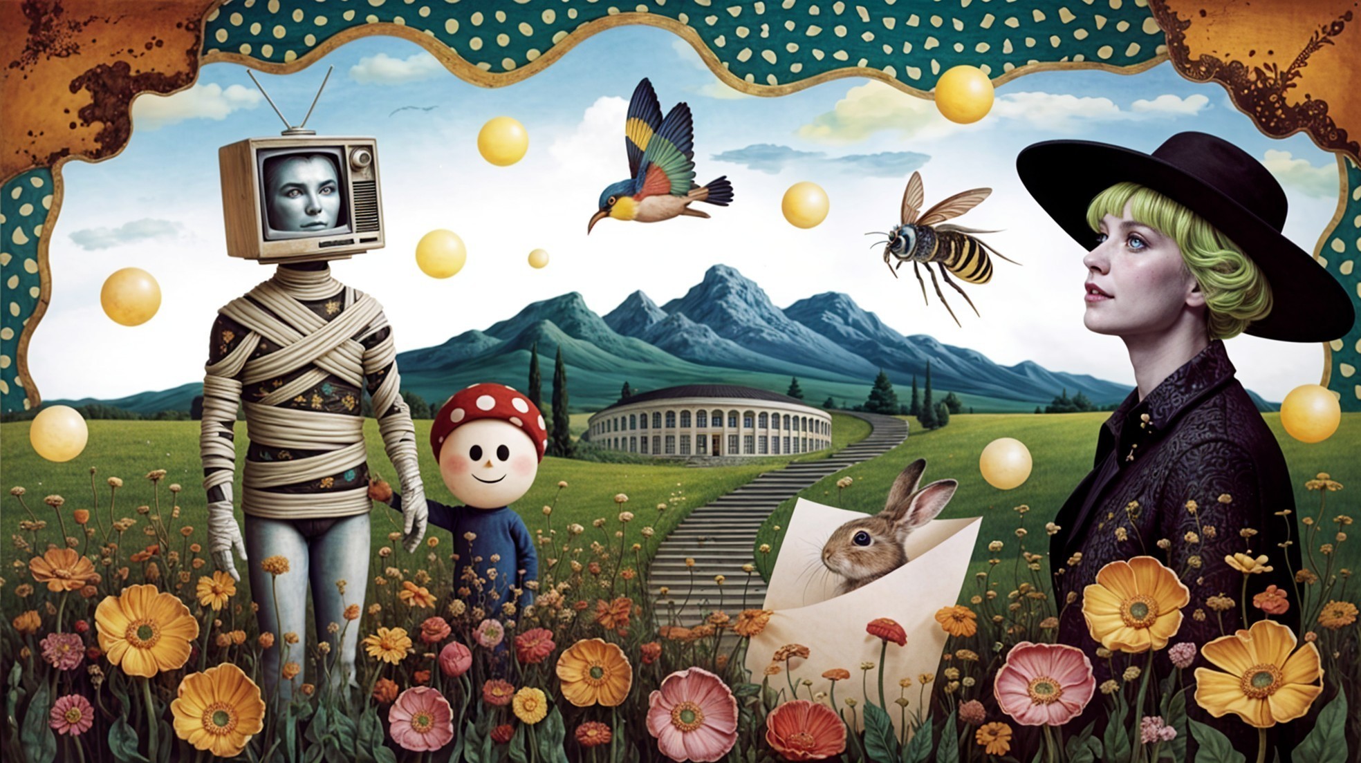 Whimsical landscape with vintage TV figure and surreal elements