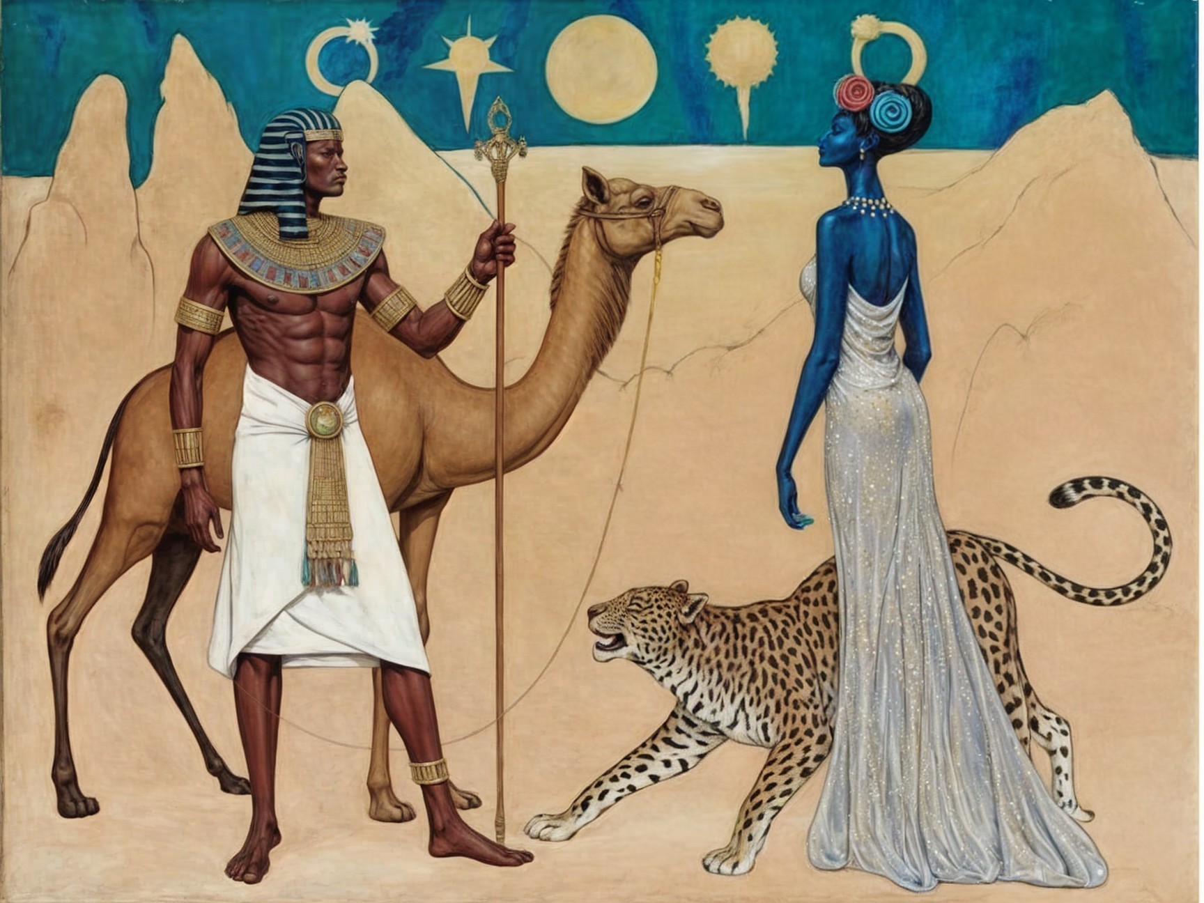 Ancient Egyptian Scene with Figures and Desert Landscape