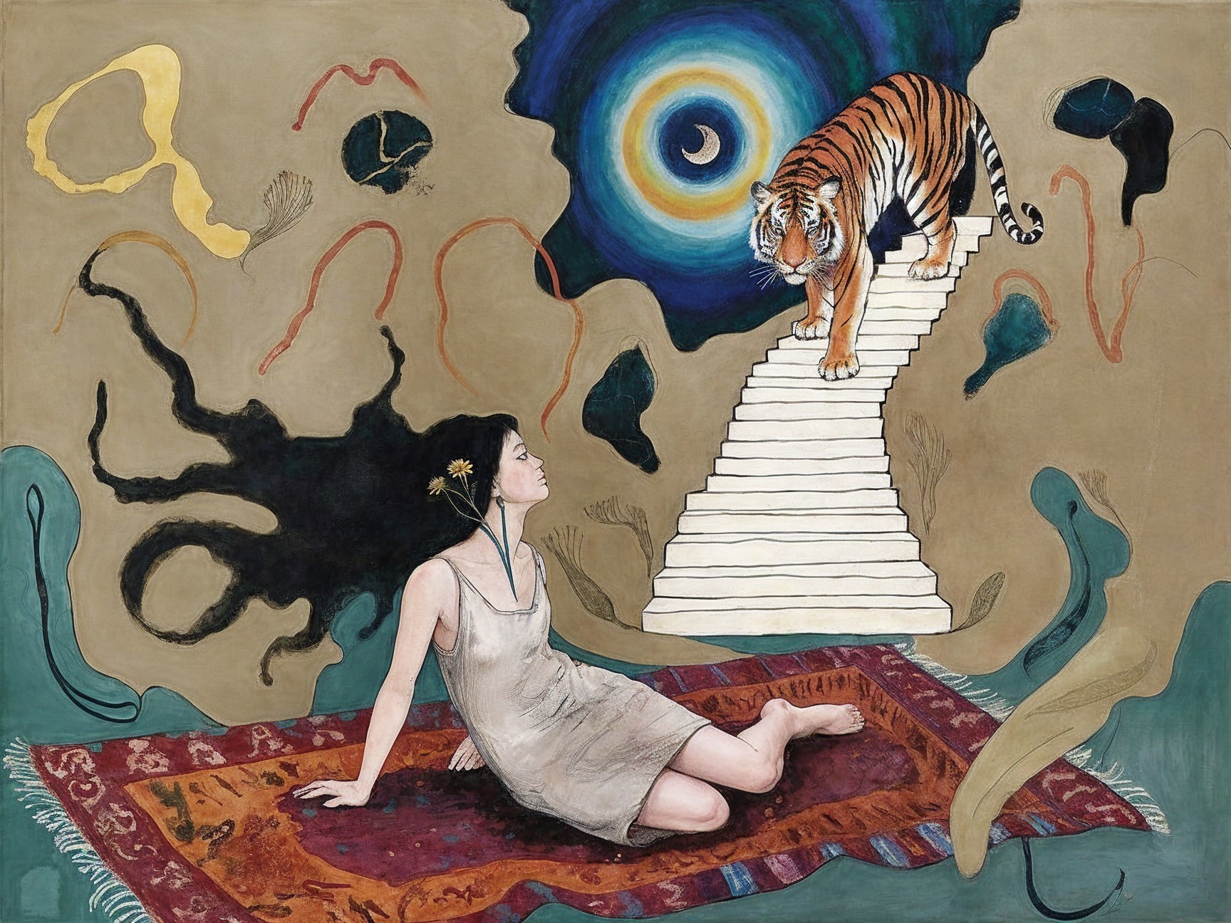 Surreal Scene of Woman and Tiger in Colorful Vortex