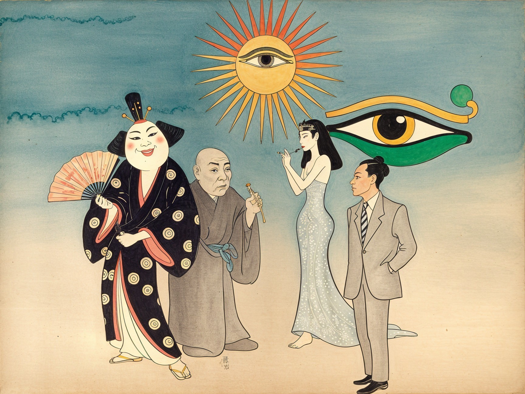 Four Characters in Stylized Background Illustration