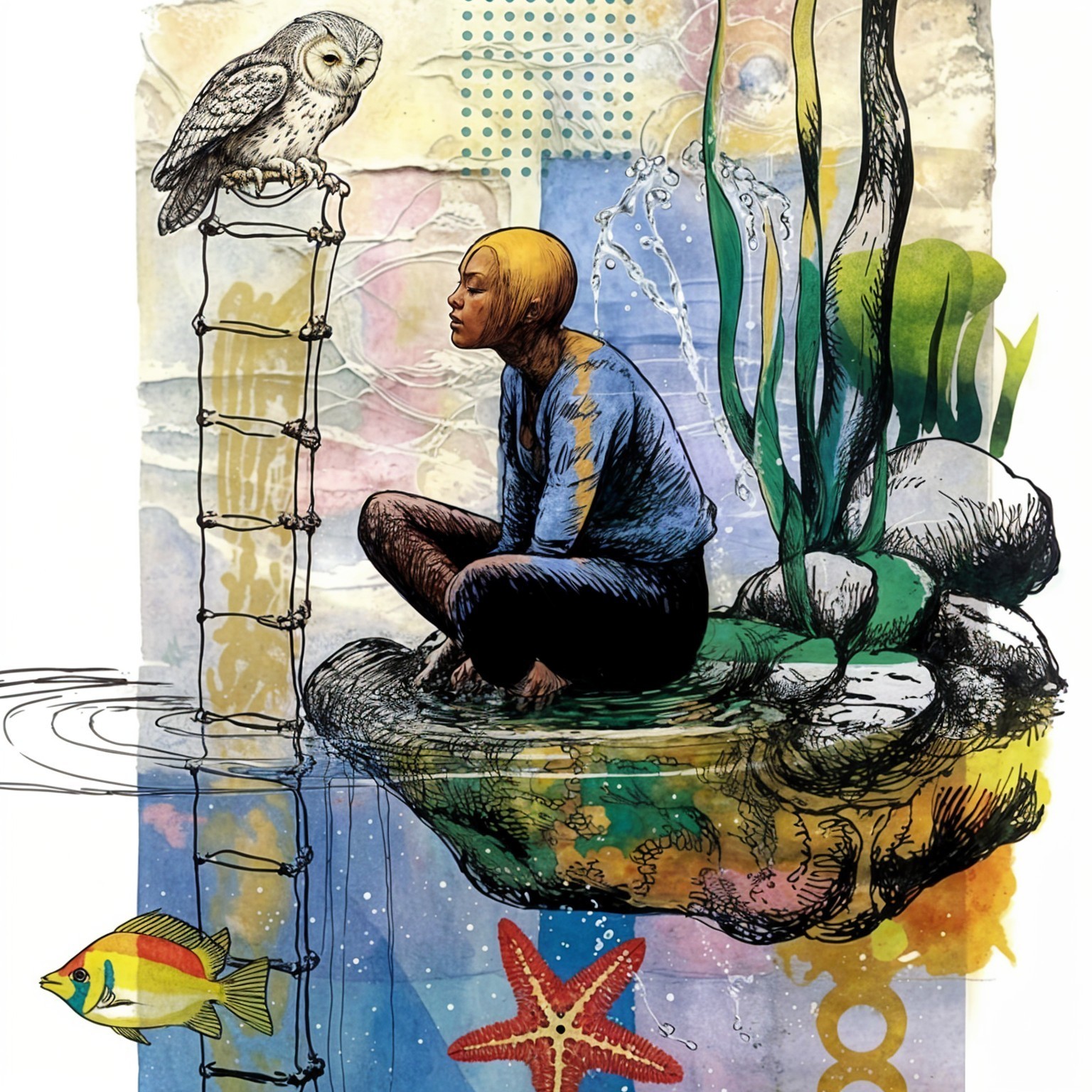 Underwater Scene with Girl, Owl, and Marine Life