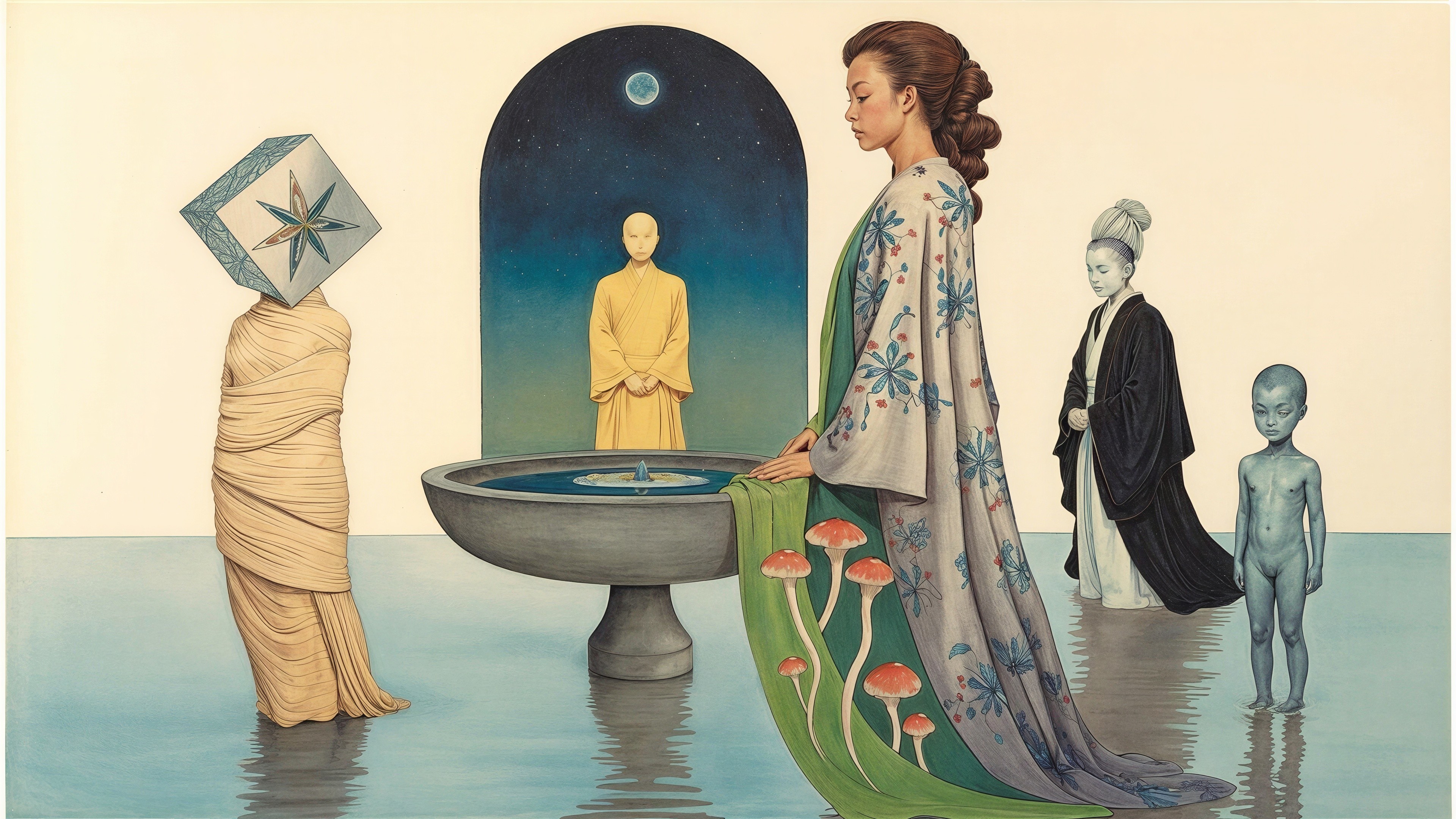 Woman by Fountain with Enigmatic Figures in Soft Colors