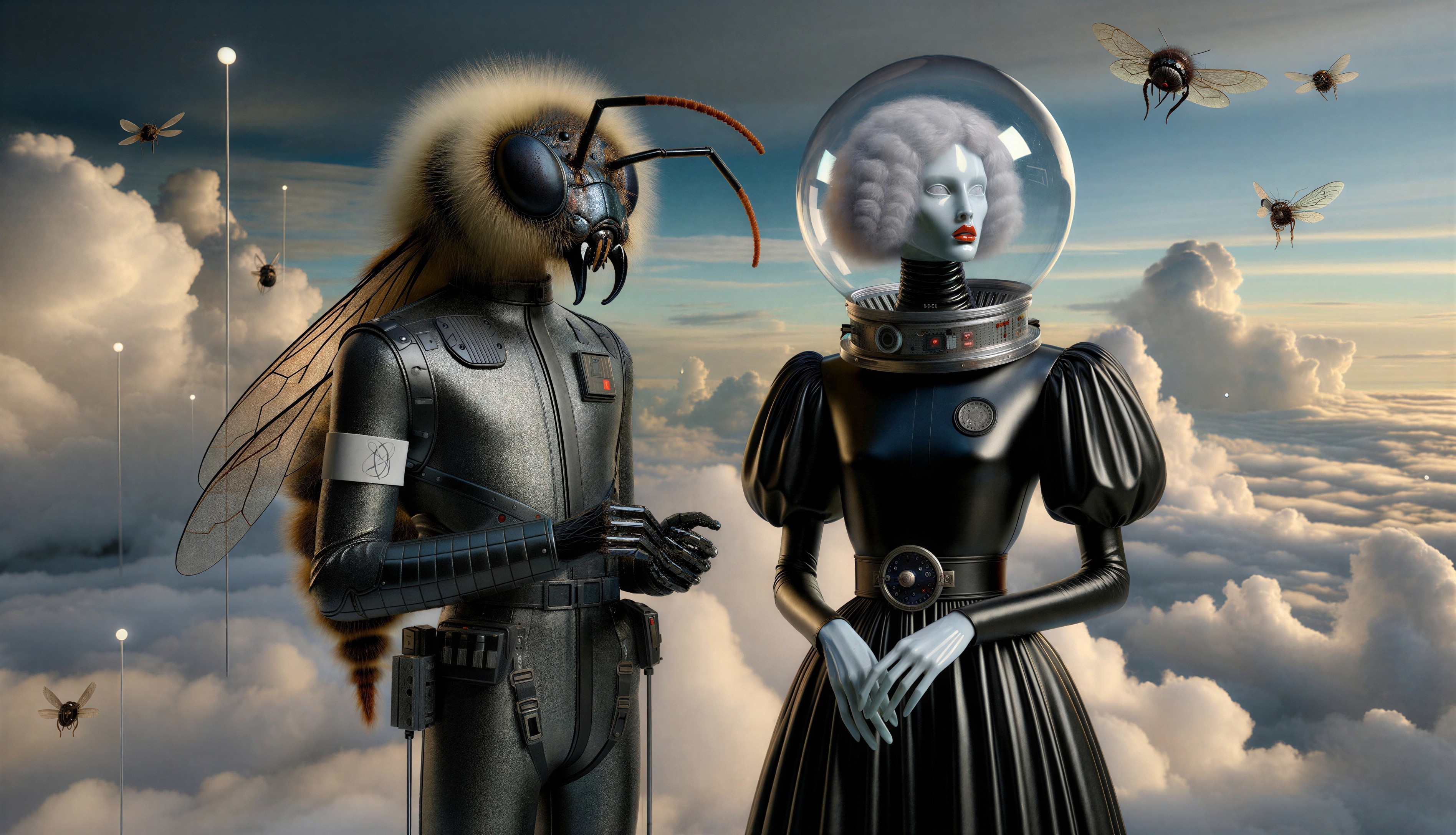 Futuristic Scene with Bee-Headed Figure and Woman